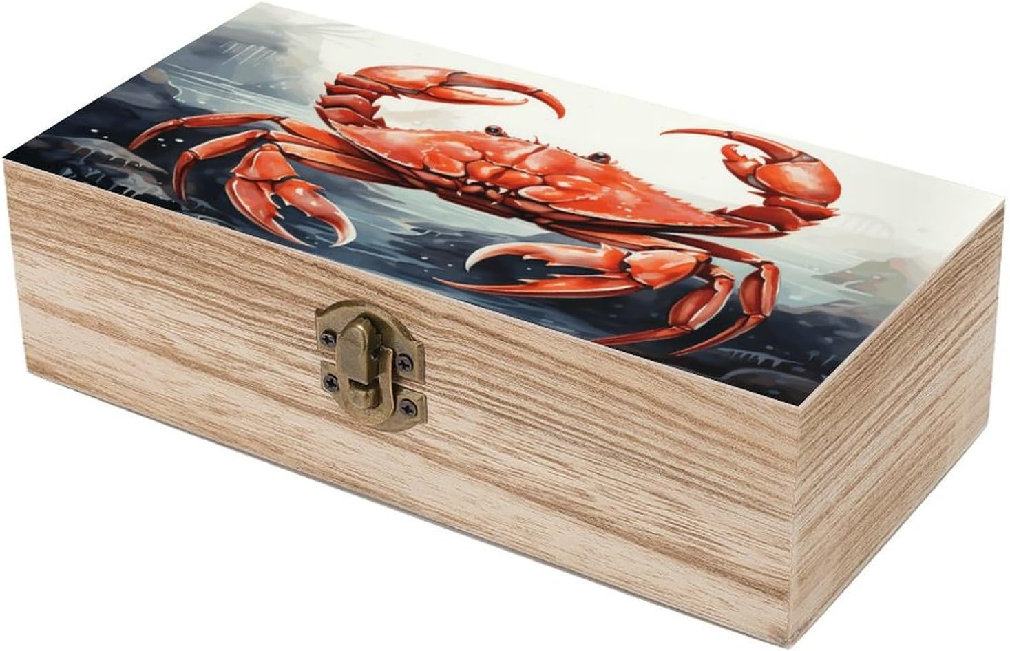 Red Crab Sea Wooden Box Wood Wedding Keepsake Boxes with Lids Small Decorative Boxes Lightweight Wooden Memory Storage Box for Crafts Keepsakes Jewelry Photo Letter Storage image number 1
