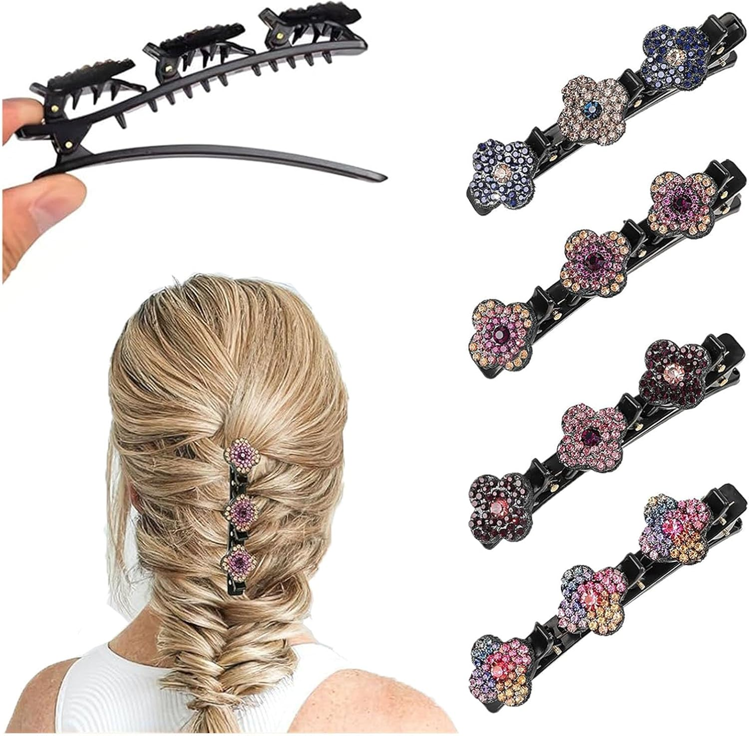 Shiny Rhinestone Hair Clip, 4 Pieces Women'S Hair Clips, Hair Clip with Crystal Flower, Double Layer Hair Clips, Glitter Crystal Stone, Girls Hair Accessories for Girls Women