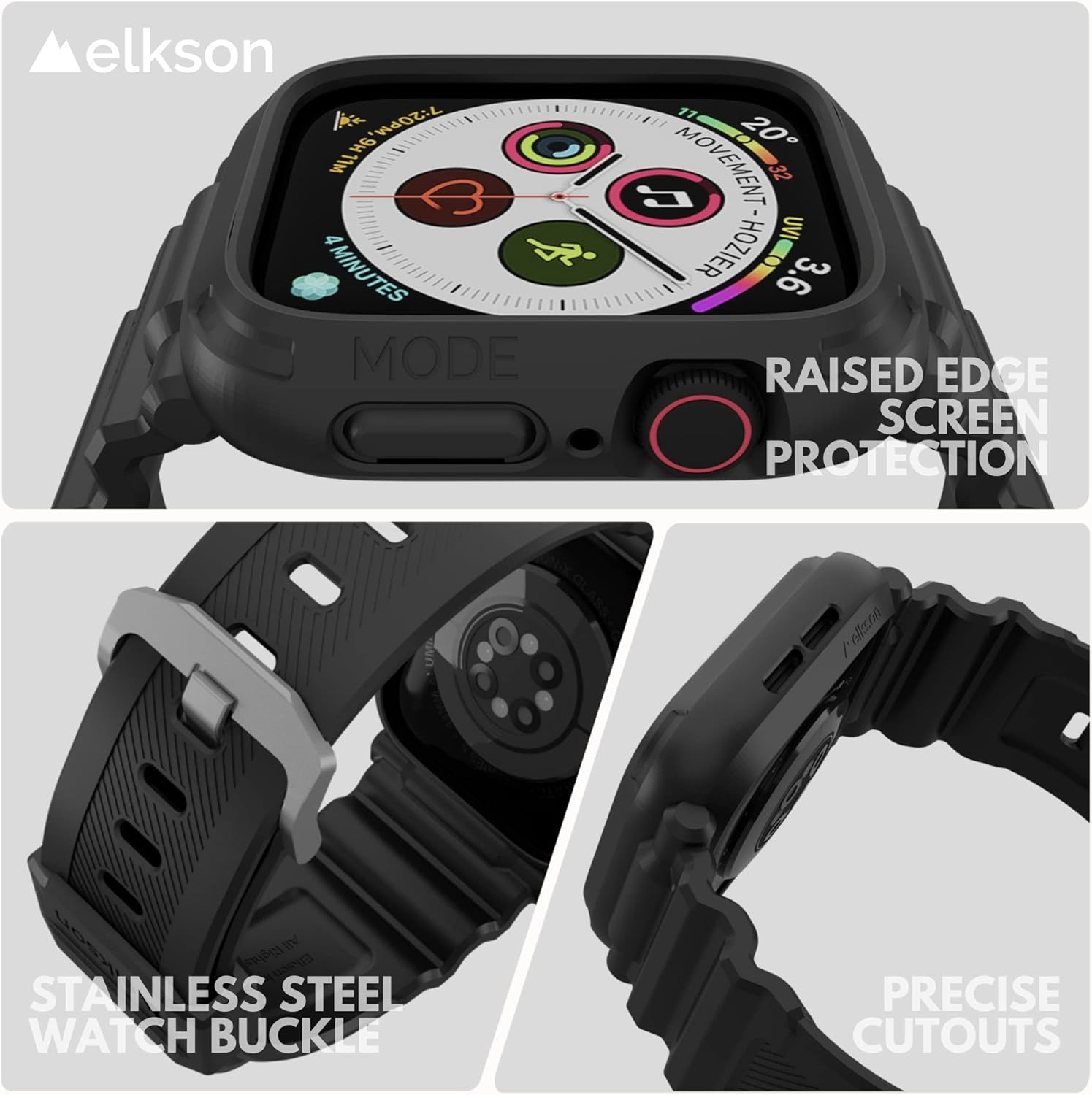 Elkson Compatible with Apple Watch Series 7 54Mm 6 SE 5 4 Bumper Case Band 44Mm Iwatch Quattro Pro Series Fall Protection Durable Military Grade Protective TPU Mud Shock Proof Resist Men Black