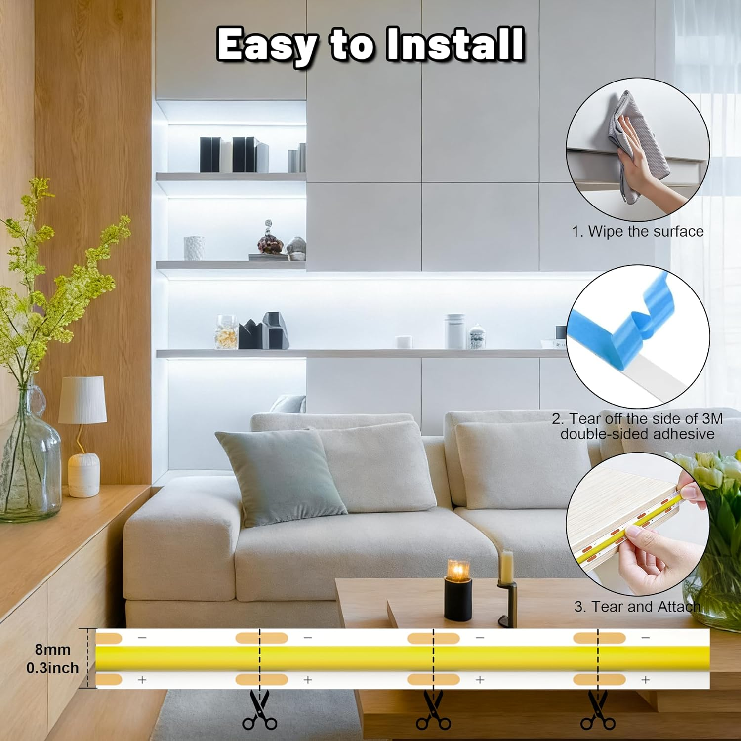 5V USB COB LED Strip Lights, Cozylady 2M Bluetooth Natural White 6000K 320Leds/M Dimmable Strips, IP20 Not Waterproof Tape Light for DIY Mirror Cabinet Wardrobe Home Indoor Decoration image number 4