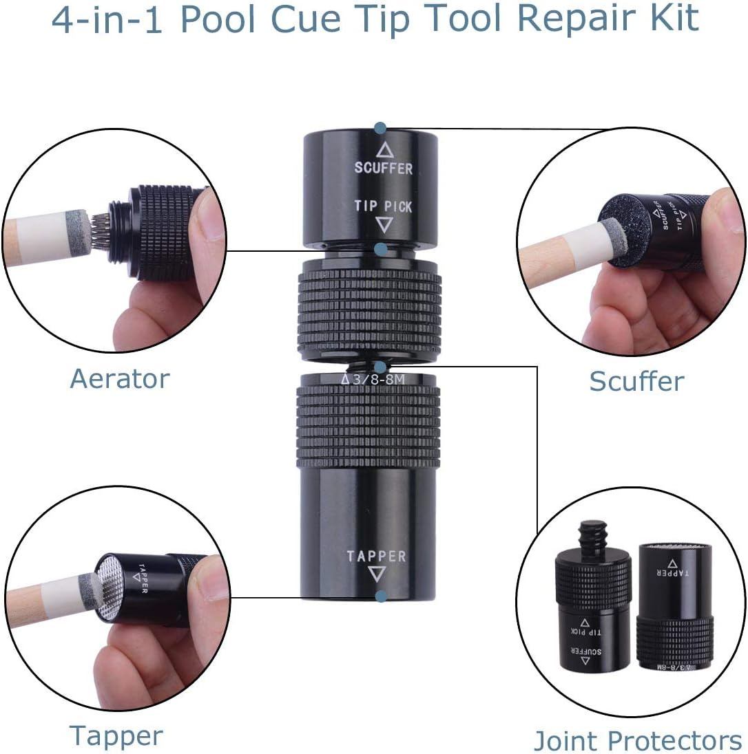 Aluminum 4-In-1 Billiard Pool Cue Tip Accessory Tool Repair Kit (Scuffer, Aerator, Tapper, Joint Protector) image number 1