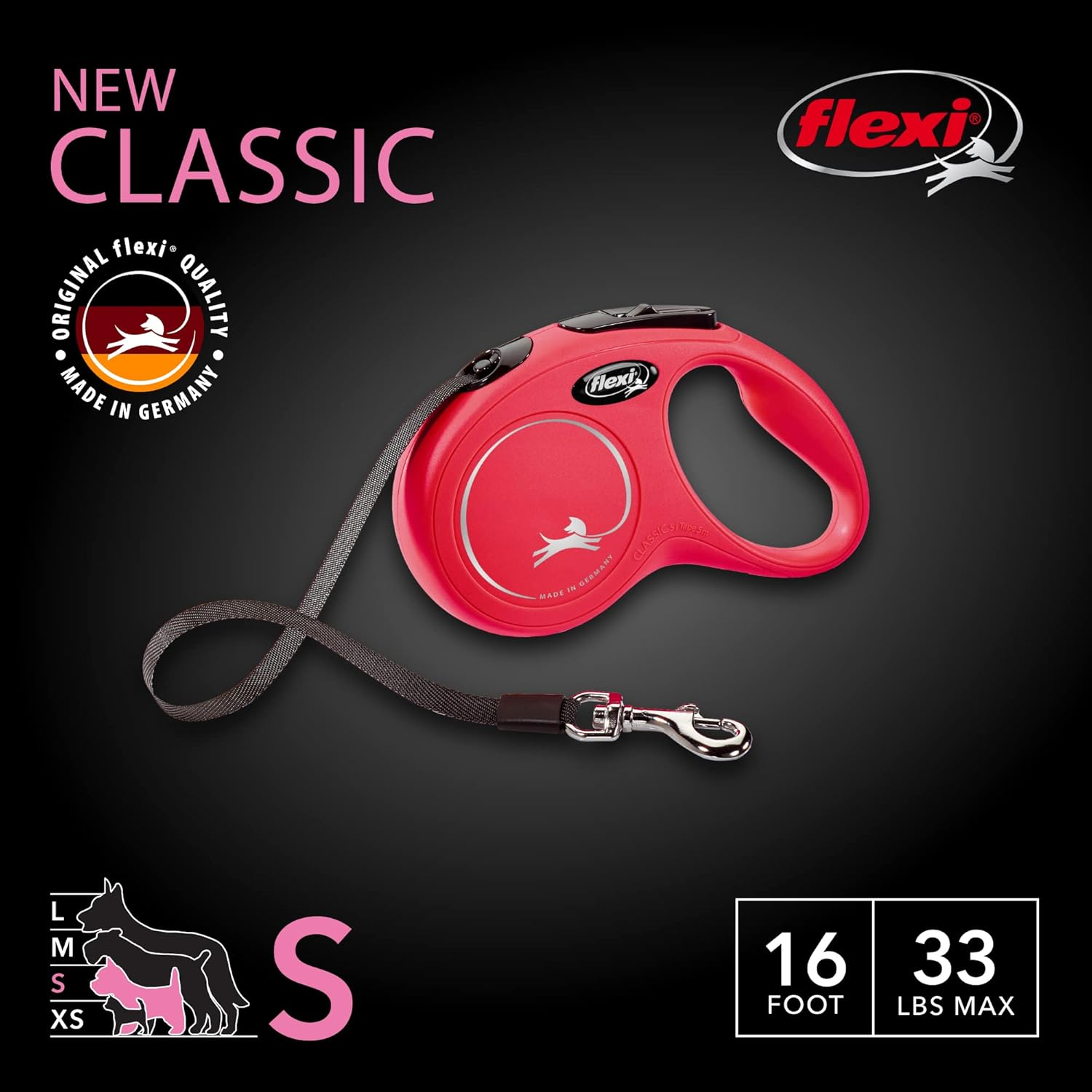 FLEXI New Classic Tape Retractable Dog Leash for Small Dogs Upto 33 Lbs. &ndash; 16 Ft., Red | Tangle Free Pet Walking Leash with One-Handed Brake, Pause, Lock|German Quality Product image number 3
