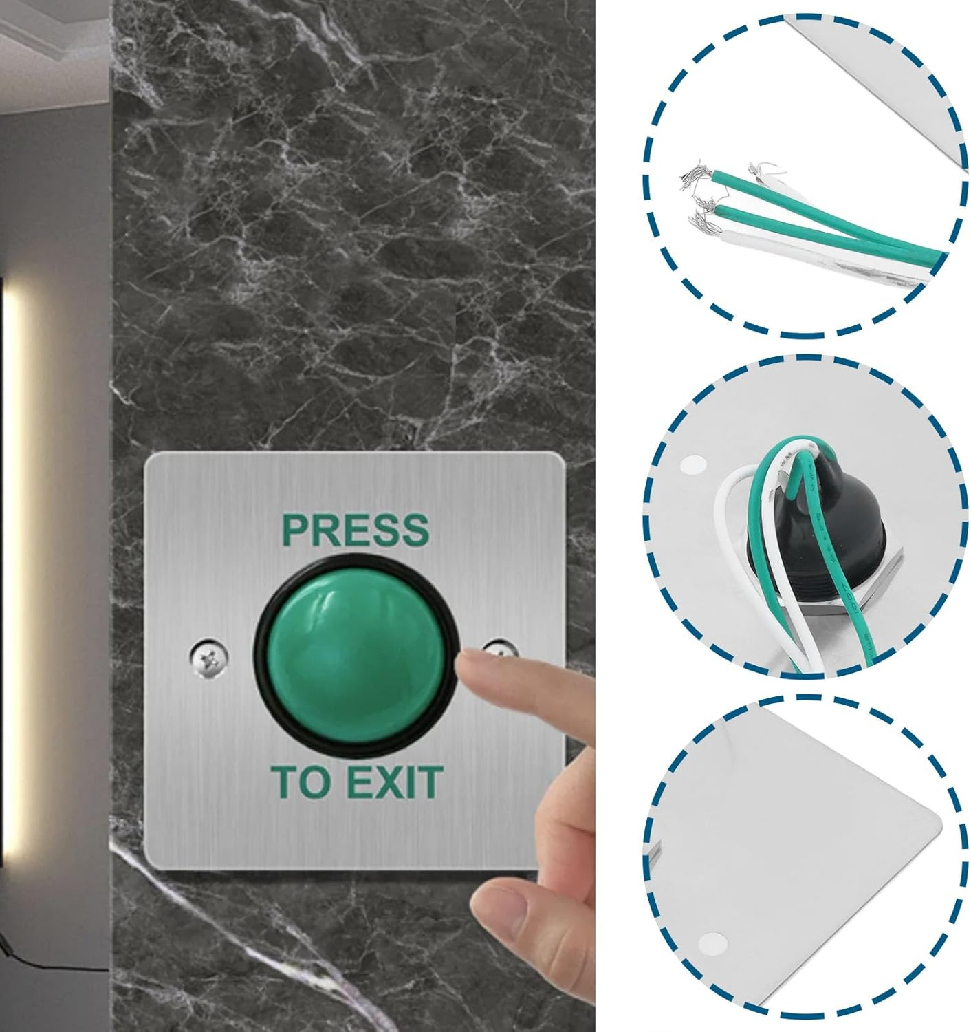 Ecsing 1Pc Push to Exit Button Switch Green Press to Exit Switch Brushed Stainless Steel Finish Panel Door Button with Screws for Access Control Lock image number 5
