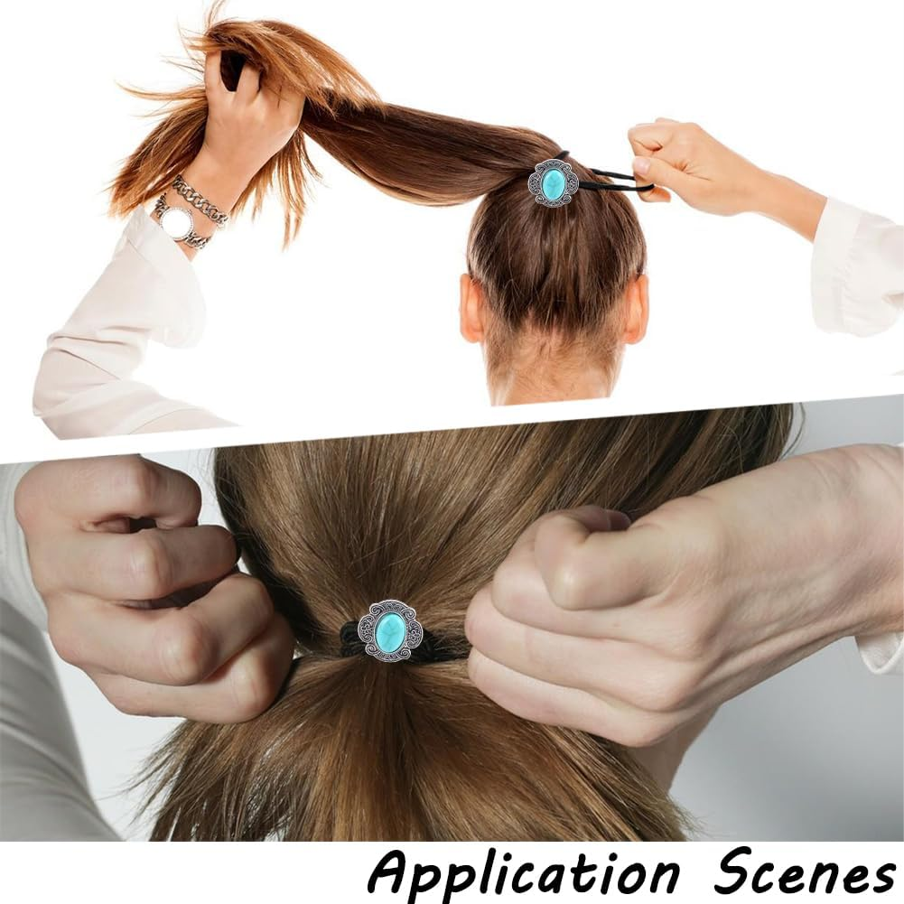 CABODYALS Pack of 3 Vintage Boho Metal Ponytail Holders Cowgirl Elastic Hair Bands Rope Western Style Turquoise Decorative Hair Bobbles Bracelet Bulk Pack for Women Party Outfit Ceremony Accessories image number 6