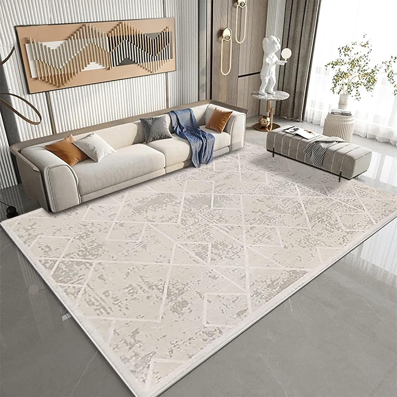 Area Rugs Moroccan Geometric Stripe Rug for Living Room Bedroom Floor Mat Washable Rug Soft Non-Slip Carpet Imitation Cashmere Indoor Rugs Home Decor (Ivory,200 X 250Cm)