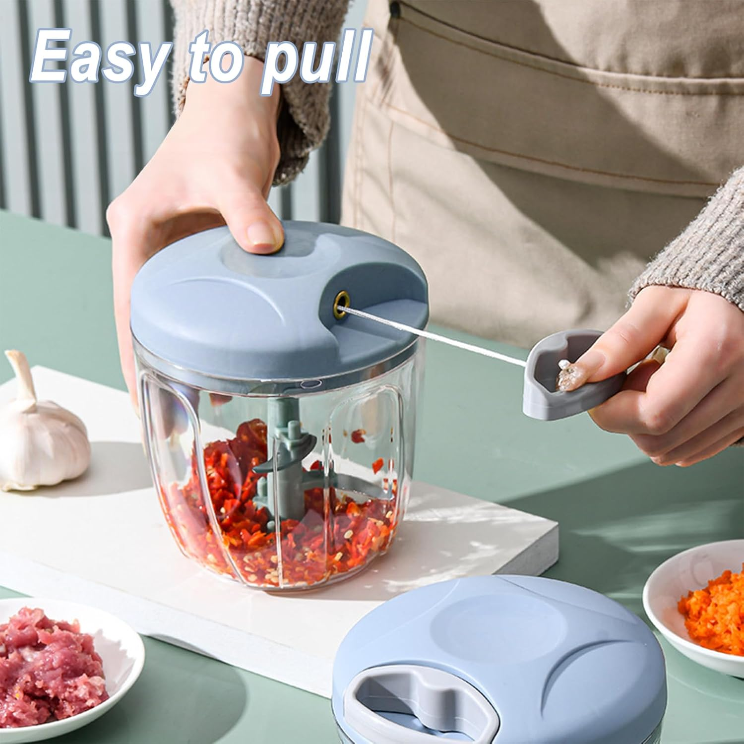 Manual Vegetable Chopper, Large Hand Pull String Food Chopper with 5 Stainless Steel Blades for Sharp and Durable (Blue, 900Ml) image number 3