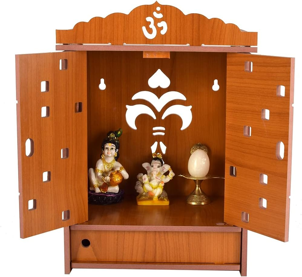 Praha Pooja Mandir for Home Wall Hanging MDF Wooden Temple with Door (Orange)