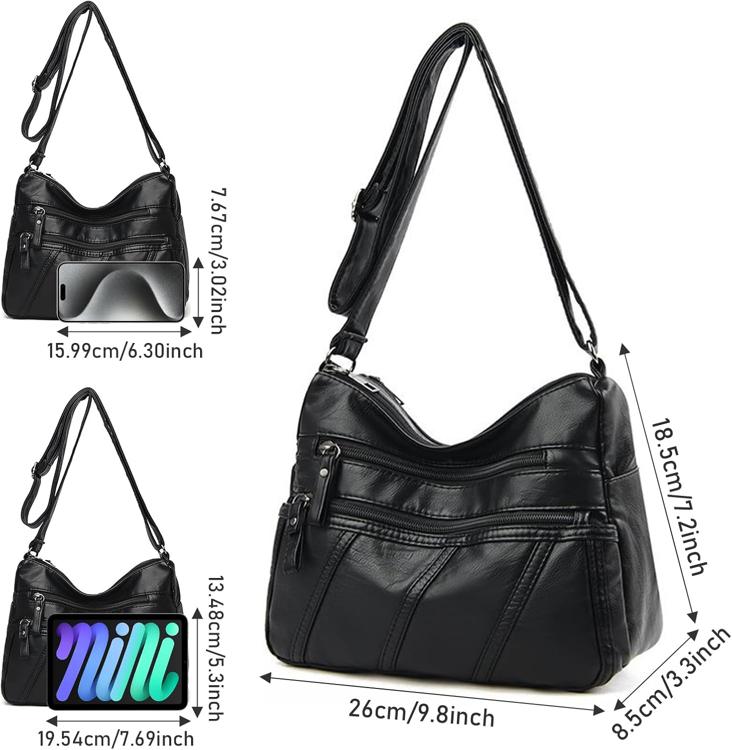 WITERY Small Crossboby Shoulder Bag for Women - Soft PU Leather Multi-Pocket Shoulder Handbags Pocketbooks Medium Purses - Black Style 2 image number 6