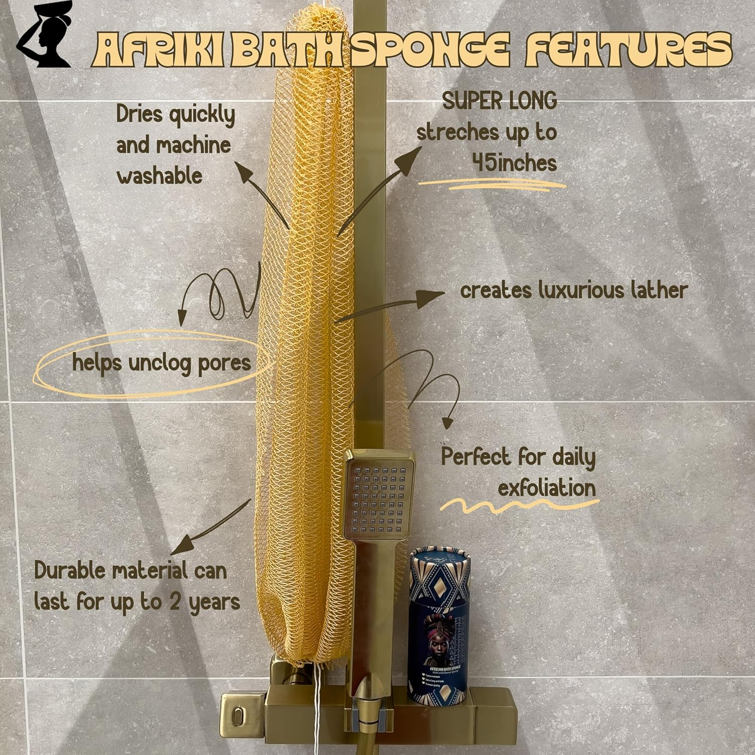 AFRIKI African Net Sponge, Authentic African Exfoliating Sponge, Black Owned, Back Scrubber, 45 Inch Long for Normal to Sensitive Skin, for Daily Use, Original Collection - Forest Green image number 3