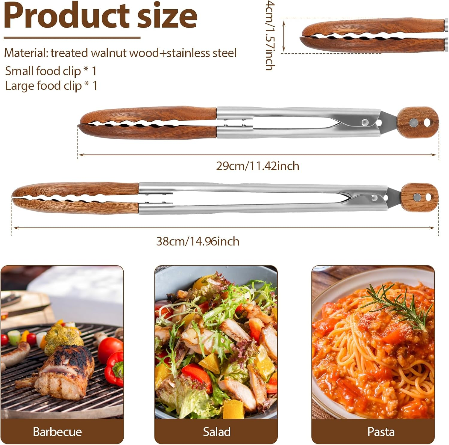 2 Pcs Walnut Wooden Kitchen Tongs Wood Food Tongs Salad Tongs with Wooden Tips, Locking Tongs Wood Serving Tongs for Flipping Cooking Grilling image number 5