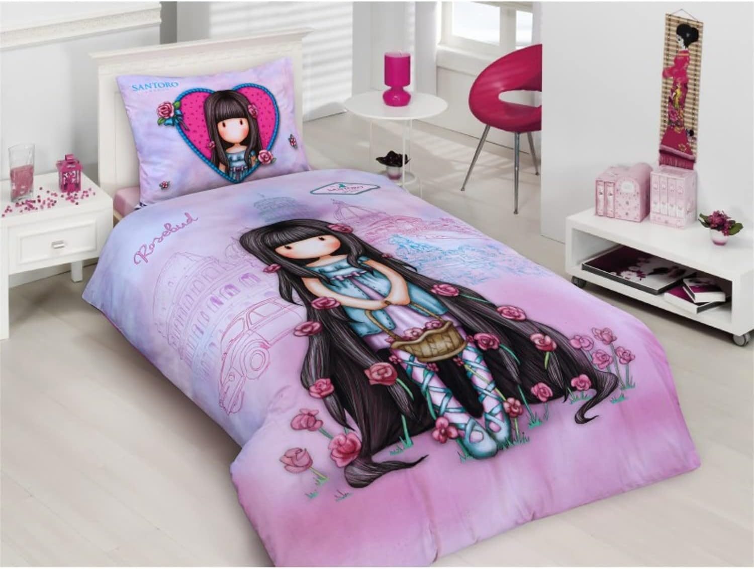 Halantex Santoro GORJUSS Rosebud Bedding Set for Girls, 2 Pieces Duvet Cover 140 X 200 Cm + Pillowcase 70 X 90 Cm, Multi-Coloured - 100% Cotton