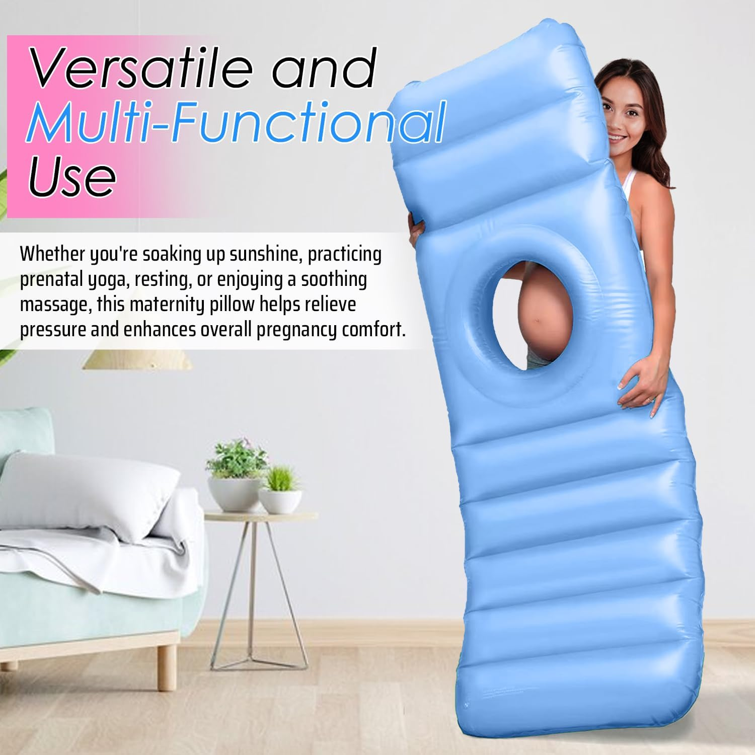 Inflatable Pregnancy Pillow &ndash; Full Body Maternity Airbed with Tummy Hole &ndash; Comfort & Support for Sleeping, Yoga, Massage, Rest, Prenatal Pain Relief, Bump Support & Relaxation (Blue) - Pink image number 6