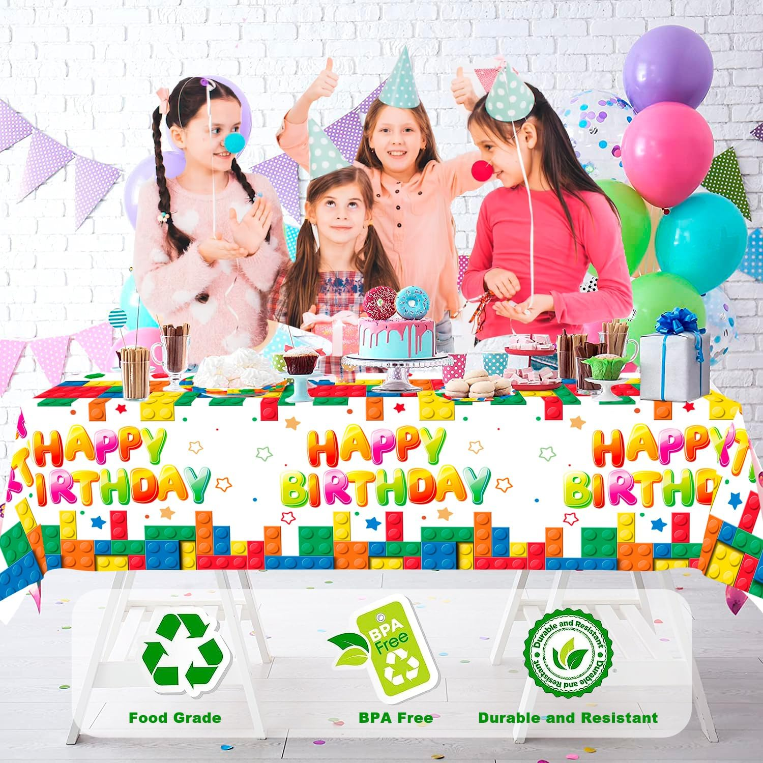 Building Block Party Tablecloths, 3Pcs Building Block Party Decorations Tablecloths Set - Building Blocks Tablecloth, Table Cover for Birthday Supplies image number 2