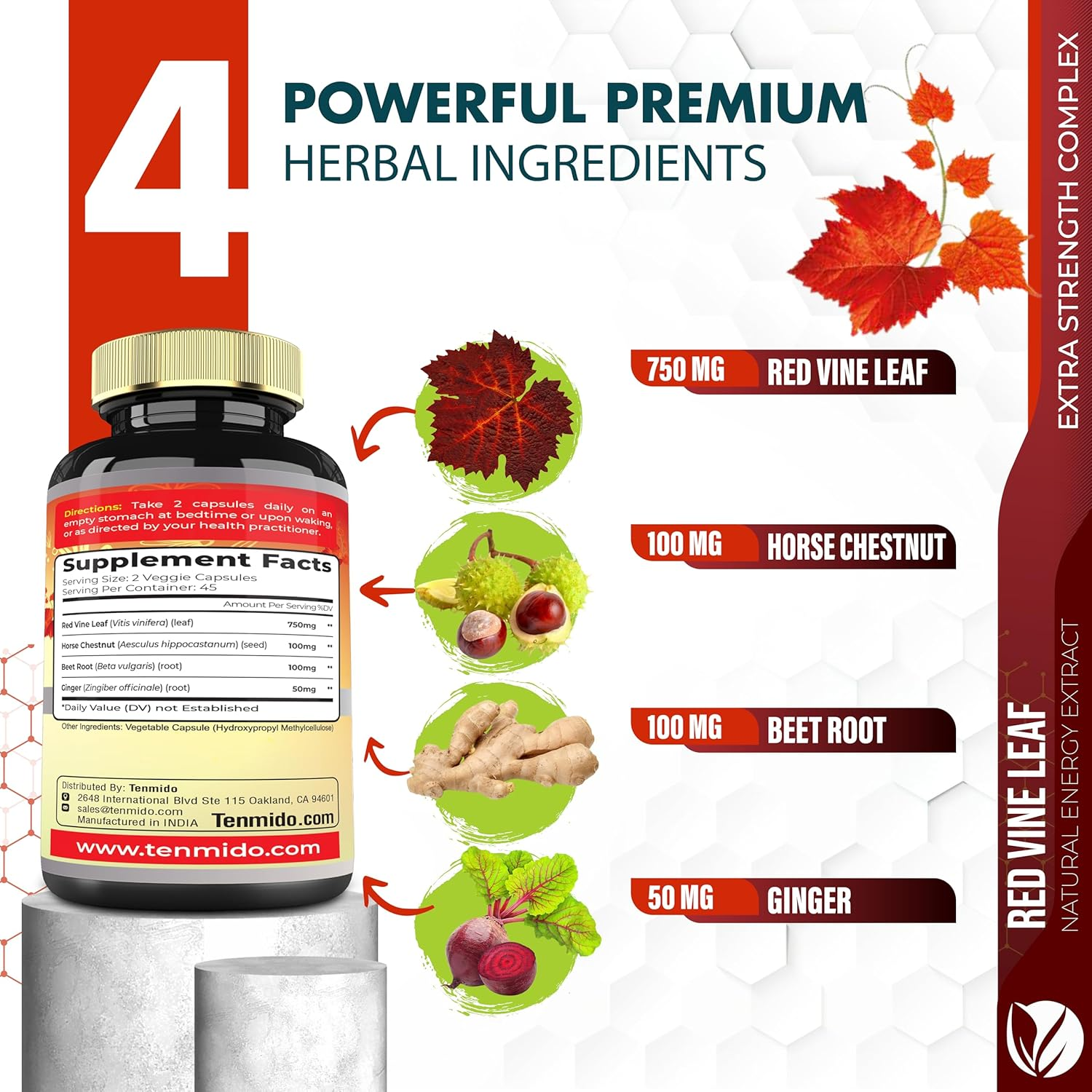 18250Mg Red Vine Leaf Extract Capsules - with Horse Chestnut, Beet Root, Ginger - Herbal Suppplement for Heart, Leg Vein & Energy - 90 Vegan Capsules for 45 Days image number 5
