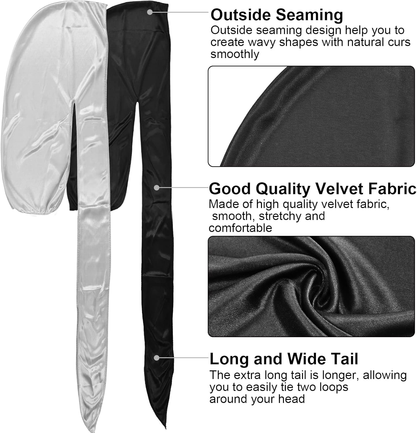 2 Pieces Long Tail Durag, Unisex Silk Durag 360 Waves Headwraps Wide Straps Pirate Hair Loss Chemo Cap Bandana Turban Hat for Women and Men Hip-Hop - Black+Grey image number 1
