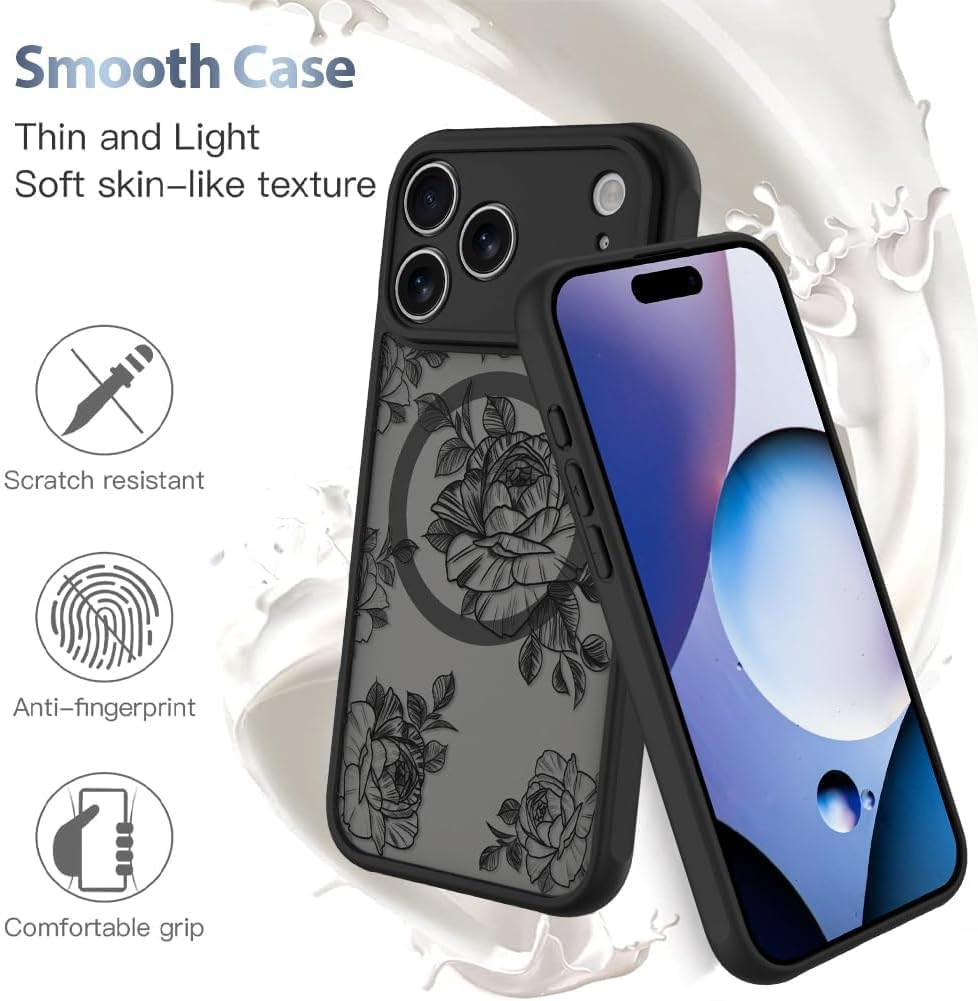 ELEPIK Black Floral Series for Iphone 17 Pro Max Case, [Compatible with Magsafe] [Military Shockproof Protection] Flower Pattern Design Phone Case for Women Girls Slim Magnetic Cover, Black Rose image number 7