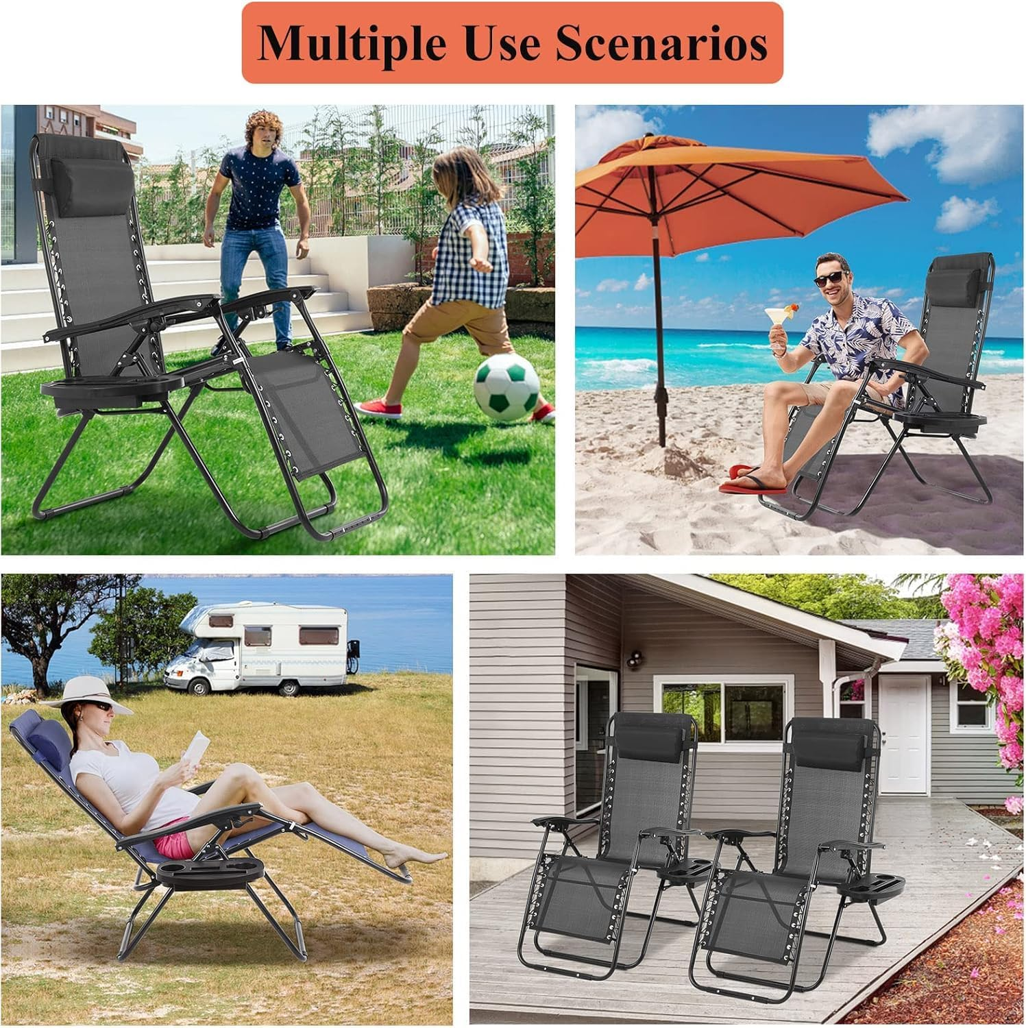 Zero Gravity Chairs, Adjustable Folding Lawn Chair with Pillow and Cup Holder Trays, Outdoor anti Gravity Reclining Lounge Chair, for Poolside, Lawn, Beach, Camping, Black (1 Pack) - Black image number 7