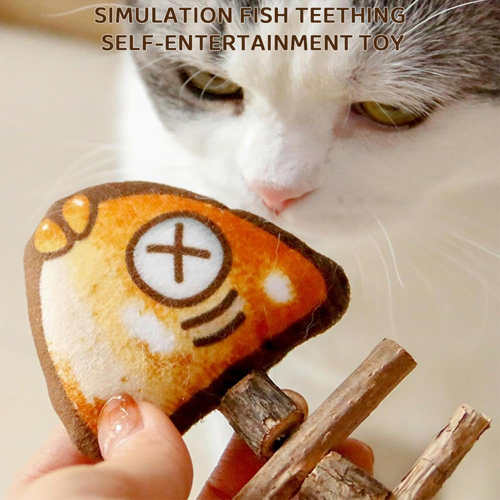 JIUSEGE 2 Pcs Grilled Fishbone Cat Toys &ndash; Bite-Resistant Simulated Fish Chew Toys &ndash; Interactive Plush Teething Toys for Kittens & Cats &ndash; Wooden Fish Shape Design image number 6
