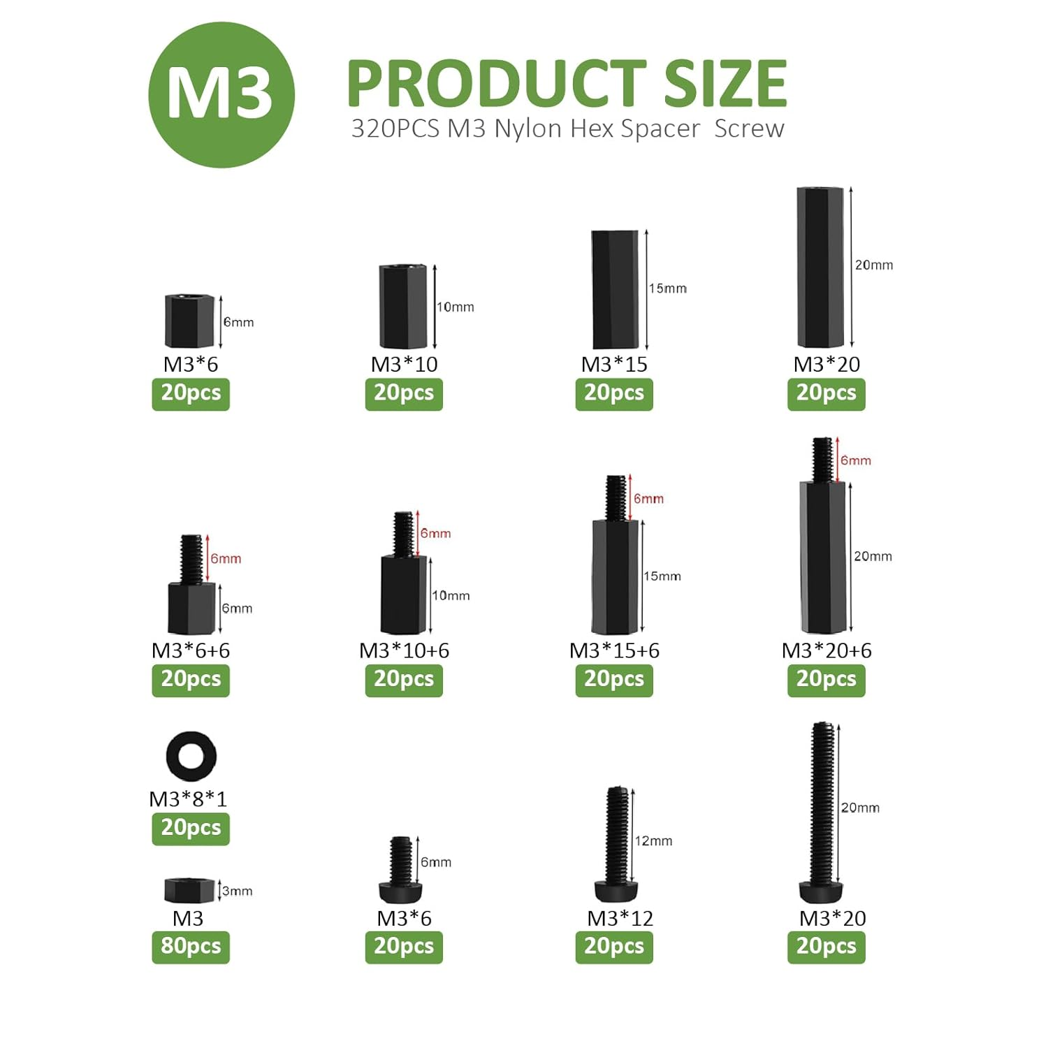 Fullfun 320PCS M3 Male Female Hex Nylon Spacers Standoffs Screws Nuts Assortment Kit, Threaded Pillar for Printed Circuit Board Motherboard image number 3