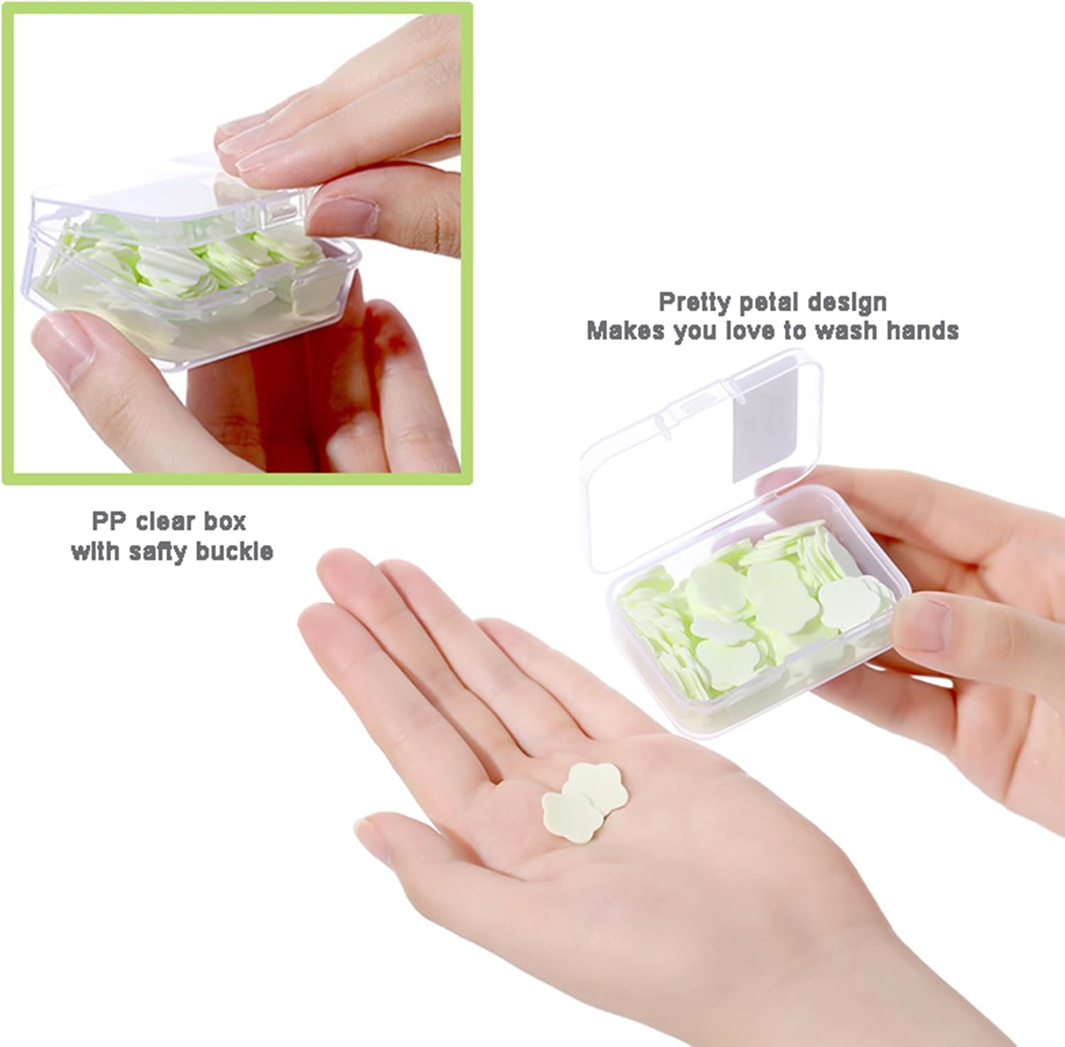 Tikapo 3-Pack (300Pcs) Petal Soap Paper Sheets in Clear PP Box, Portable Disposable Nature Foaming Hand Paper Soap Sheet for Hiking, Camping, Backpacking