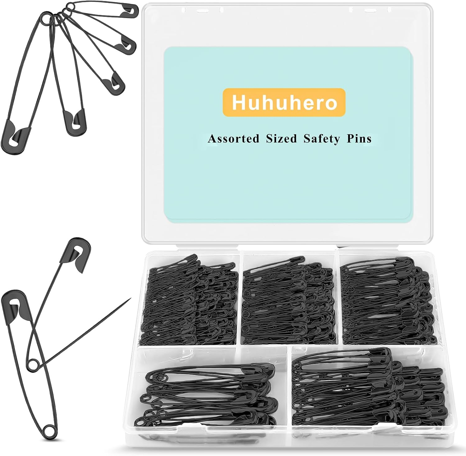 Huhuhero 340 Pack Safety Pins Assorted, Small and Large Safety Pins for Clothes Costume, 5 Different Sizes Nickel Plated Steel Pin Bulk, Sewing Crafts Art Supplies, Silver