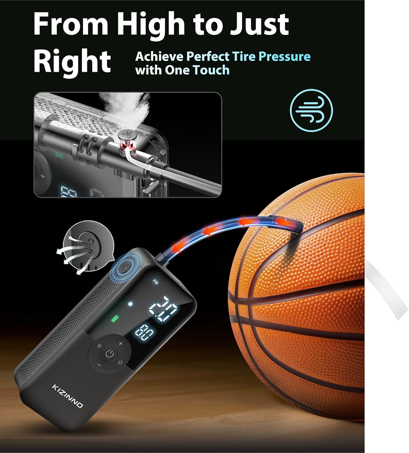 Tyre Inflator Portable Air Compressor - Faster Inflation 150PSI Cordless Portable Air Pump, Deflation Button, Digital Pressure Gauge, Tyre Inflator for Car, Bike, Motor and More(Black) image number 4