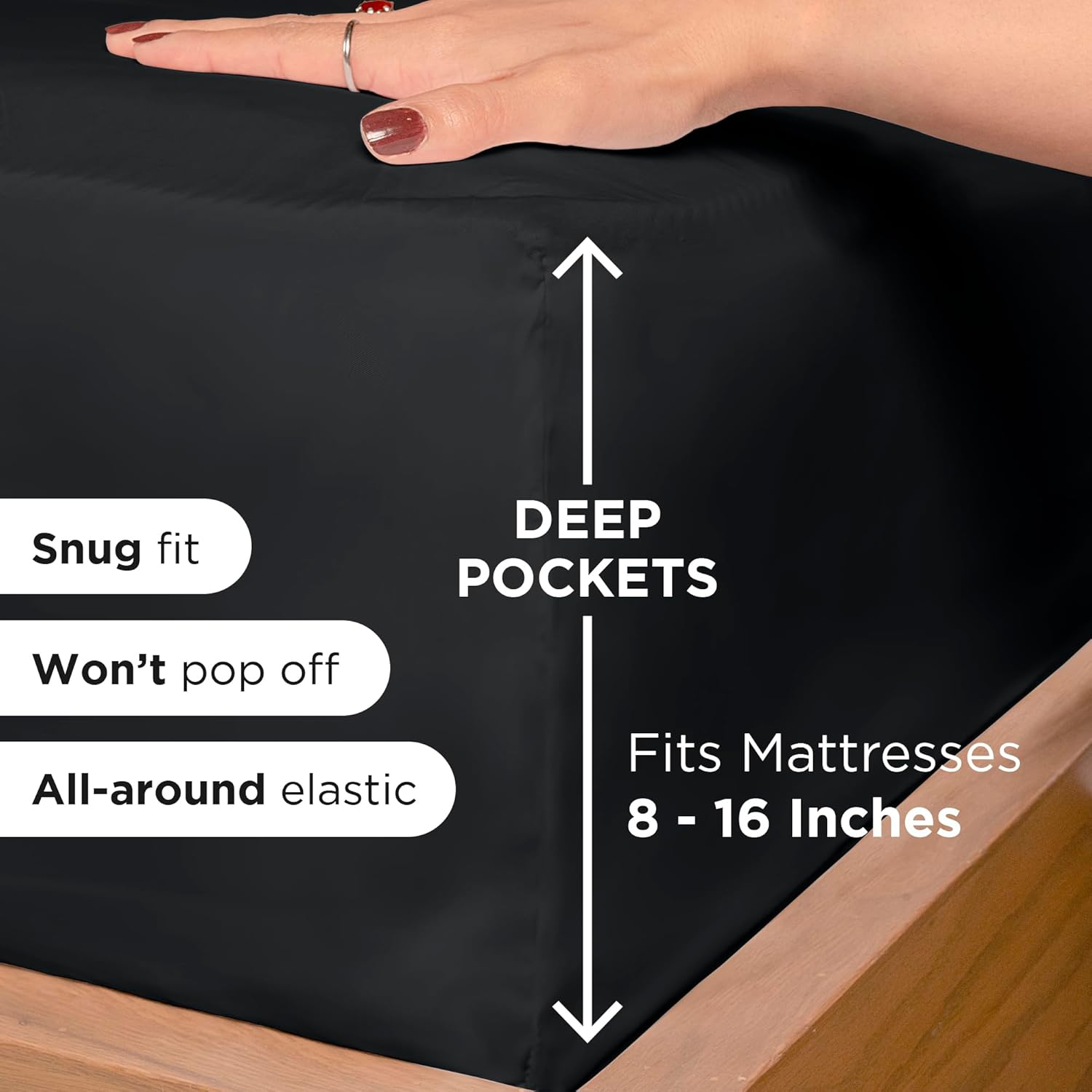 Royale Linens Fitted Sheet Queen - Brushed Hotel Quality 1800 Ultra-Soft Wrinkle & Fade Resistant - Bottom Sheet - Deep Pocket Stretches up to 16" - Fitted Sheet Only - Elastic Sheet (Queen, Black) image number 5