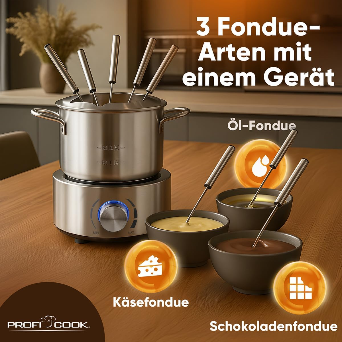 Proficook Fondue Electric Fondue for Oil Fondue, Chocolate Fondue and Cheese Fondue | Includes 8 Fondue Forks | 1.2 Litre | for up to 8 People | Fondue Set Stainless Steel | 800W | PC FD 1288 image number 1