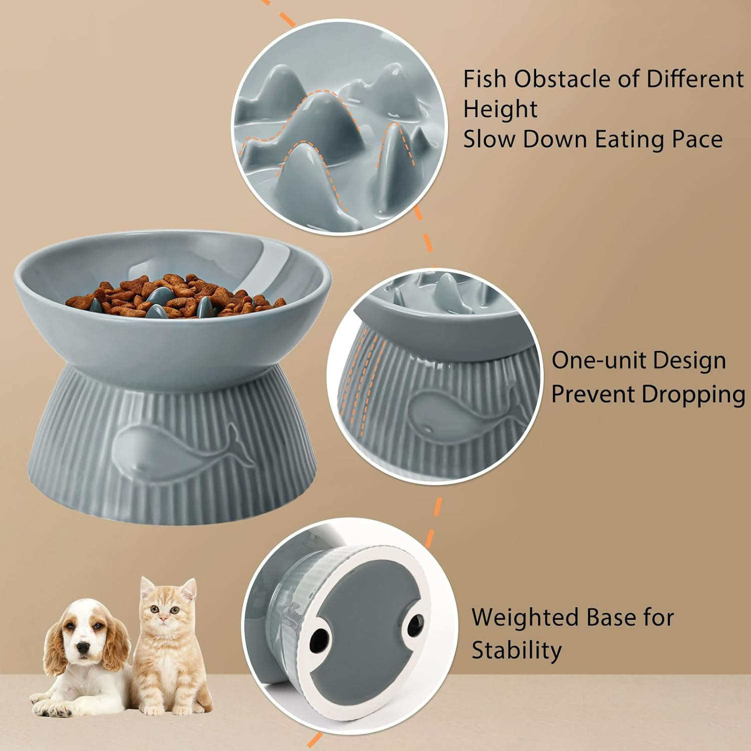 Elevated Slow Feeder Bowl for Cats and Small Dog, Stop Vomiting & Choking, Ceramic Cat Slow Feeder Bowl, Spill-Proof & Anti-Tipping, Easy to Clean, No Black Chin, Raised Cat Bowl Slow Feeder - Grey image number 6