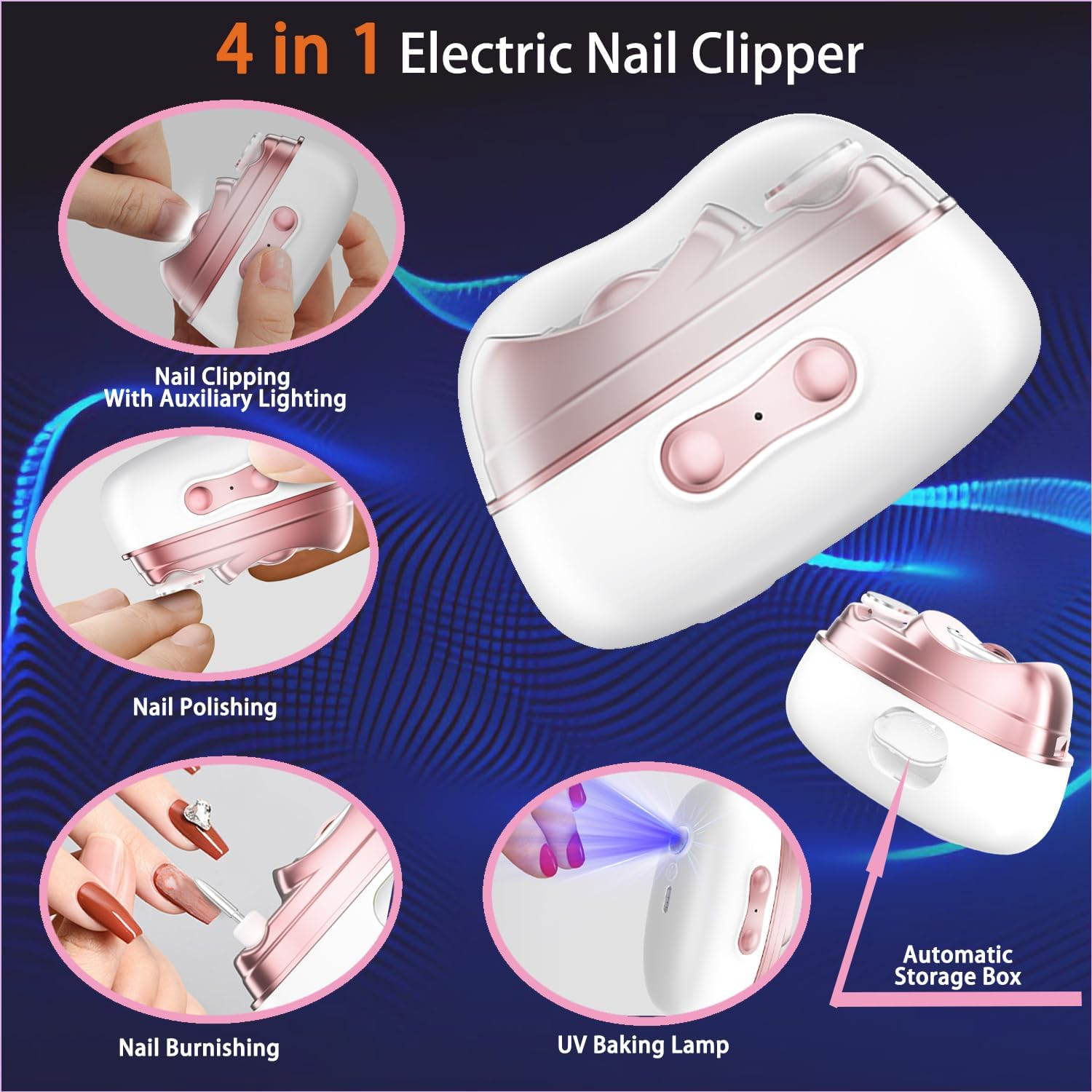 4 in 1 Automatic Electric Nail Clipper & Polisher with Built-In Storage, LED Light, 2 Speeds &ndash; Toenail Trimmer for Baby/Seniors, Ideal Gift for Family and Friends (Grey) - Orange image number 2