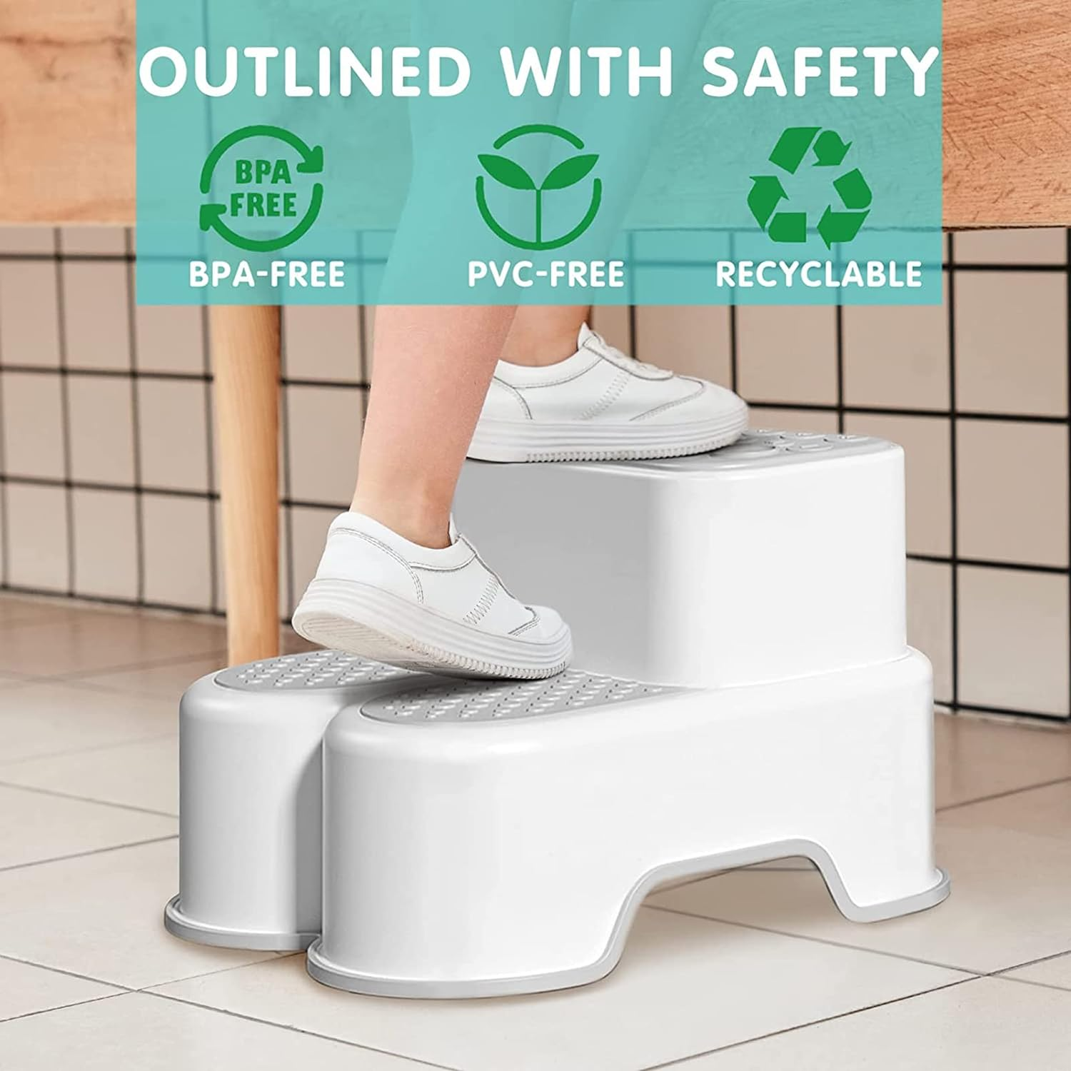 Uandhome 2 in 1 anti Step Stools for Kids and Adults, Toddler Step Stool for Toilet Potty Training, Detachable Potty Stools with ABC and Handles, Anti-Slip Stackable Double up Two Foot Step Stool for Bathroom, Kitchen Toilet Potty (Grey)