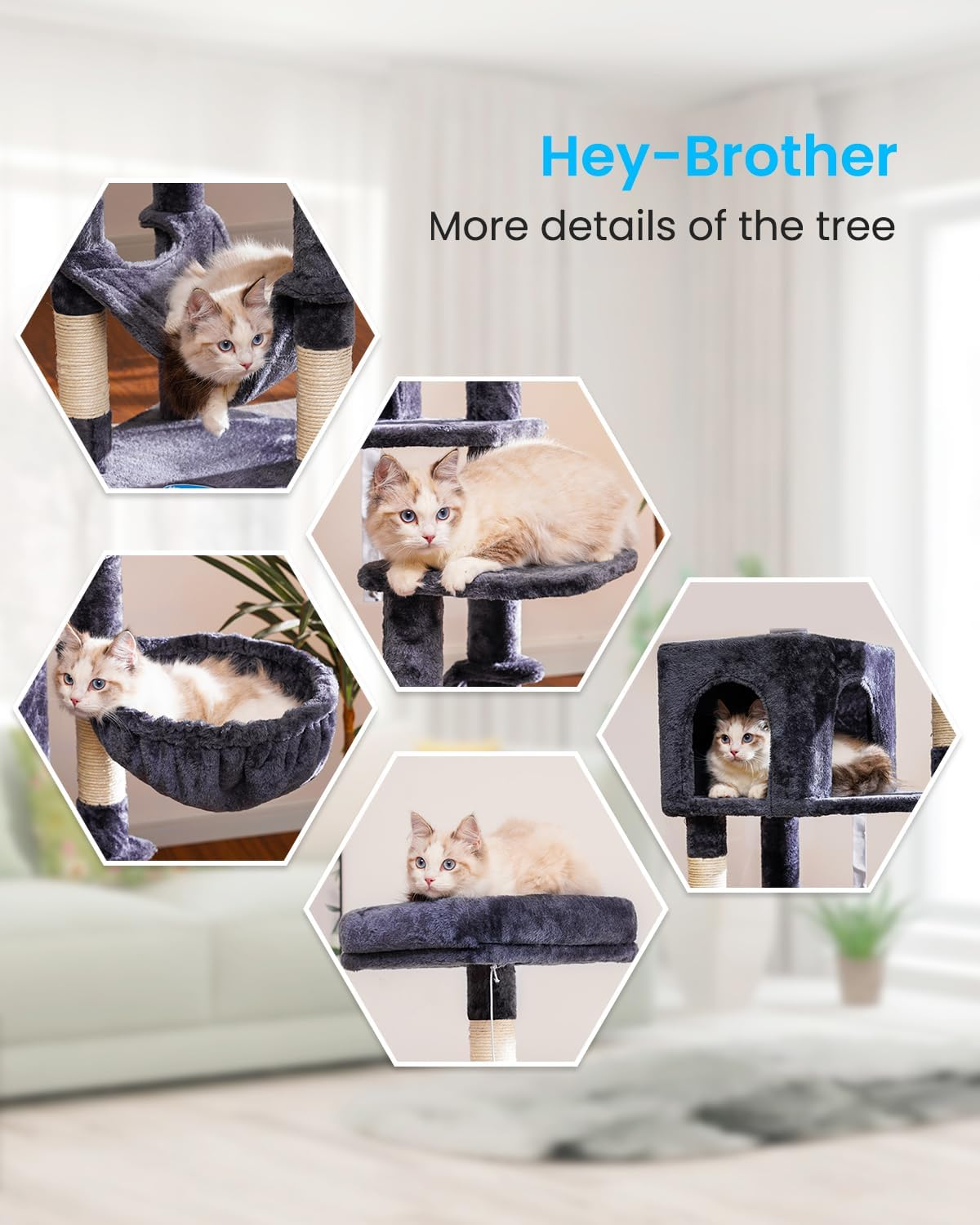 Hey-Brother Cat Tree with Large Hammock, Multi-Level Cat Tower for Indoor Cats, Cat Condo with Sisal-Covered Scratching Posts and Top Perch, Smoky Gray MPJ050G image number 4