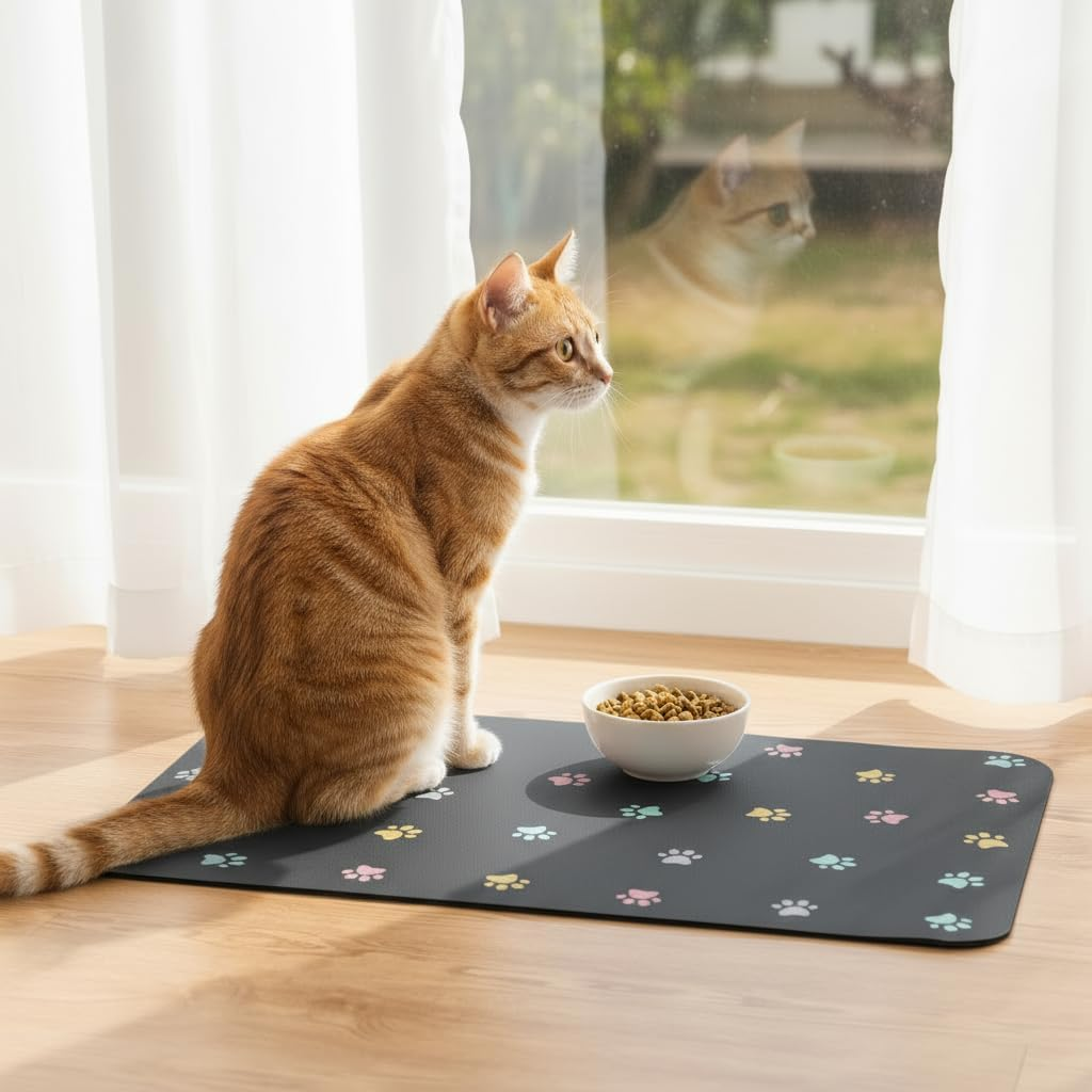 Cat Food Mat Absorbent Dog Mat for Food and Water Non Slip Quick Dry Dog Bowl Mats for Floors 19" X 12" Paw Dark Gray