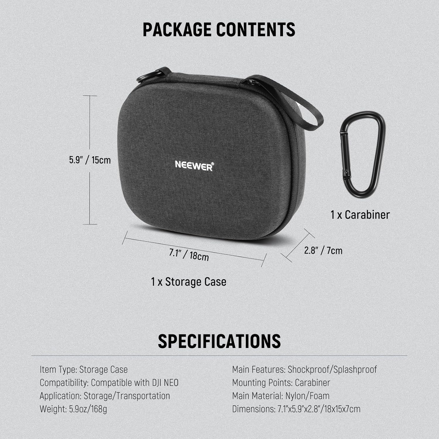 NEEWER Storage Case for NEO Drone, Splashproof Nylon Hard Travel Carrying Bag with Shockproof Foam Insert Mesh Pocket Carabiner Compatible with DJI NEO, Not for RC-N3 Remote, PB9 image number 5