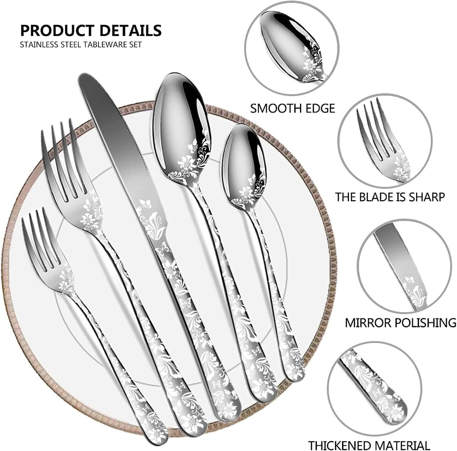 20Pcs Stainless Steel Flatware Set, Unique Flower Pattern Silverware Set Service for 4 People, Silver Cutlery Set with Knives/Forks/Spoons, Mirror Polished Utensil Set for Kitchen, Dishwasher Safe