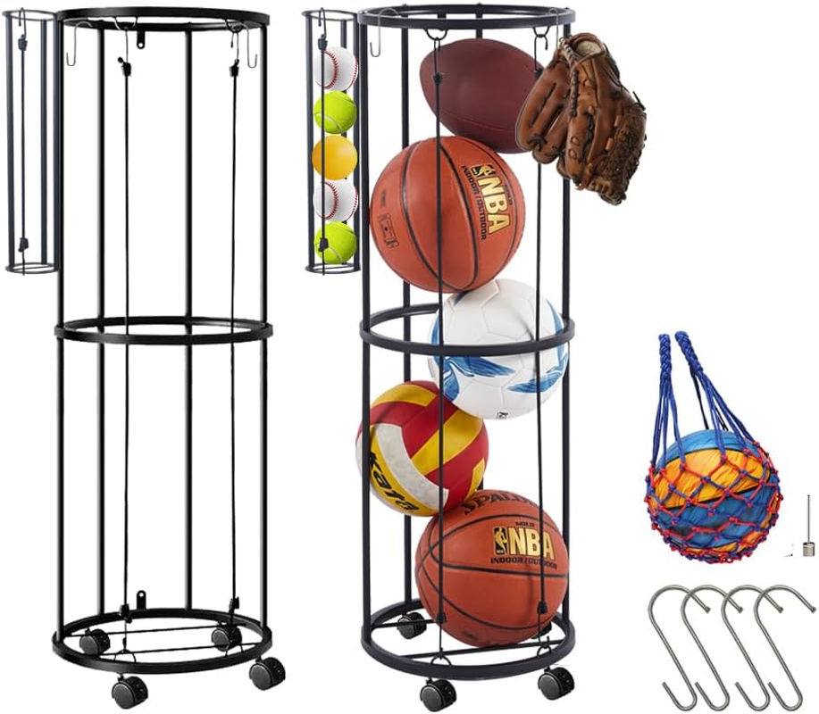 Ball Storage Rack with 4 Hooks&Wheels,150*30Cm 3 Layers Garage Ball Storage with Small Balls Basket,Ball Holder with 1 Ball Net & 2 Inflation Needles for Basketball,Soccer,Baseball&Accessorries image number 3