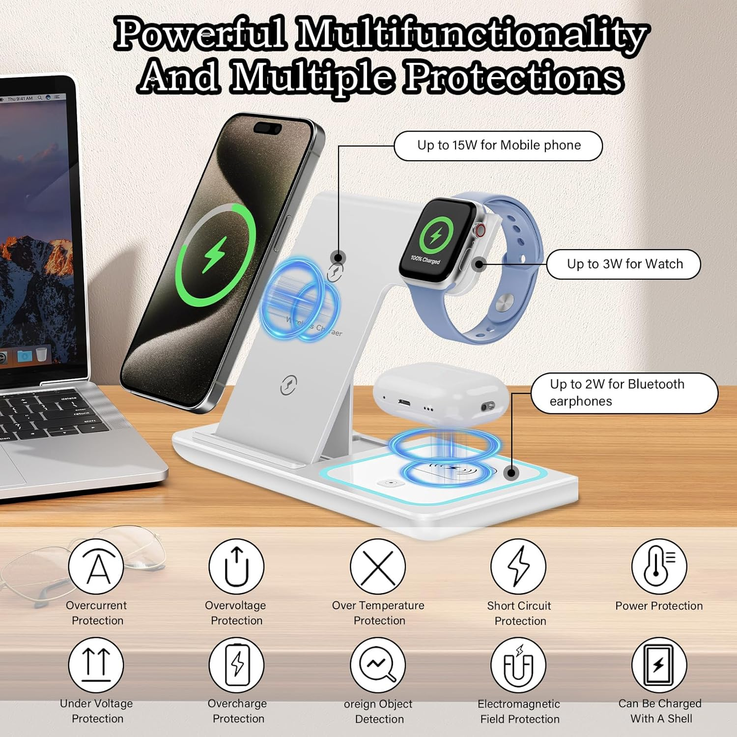 3 in 1 Wireless Charging Station,15W Fast Wireless Charging Station,Universal for Android and Iphones Wireless Charger for Iphone 16/15/14/13/12 Pro & Max Series,Airpods,Apple Watch（White） - B image number 4