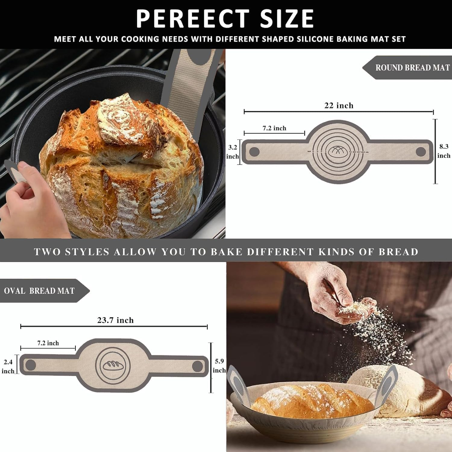 Silicone Bread Sling Oval and round for Dutch Oven, KITMAL Non Stick Reusable Silicone Baking Mat with Long Handles Sourdough Bread Baking Supplies and Making Tools, Gray image number 1