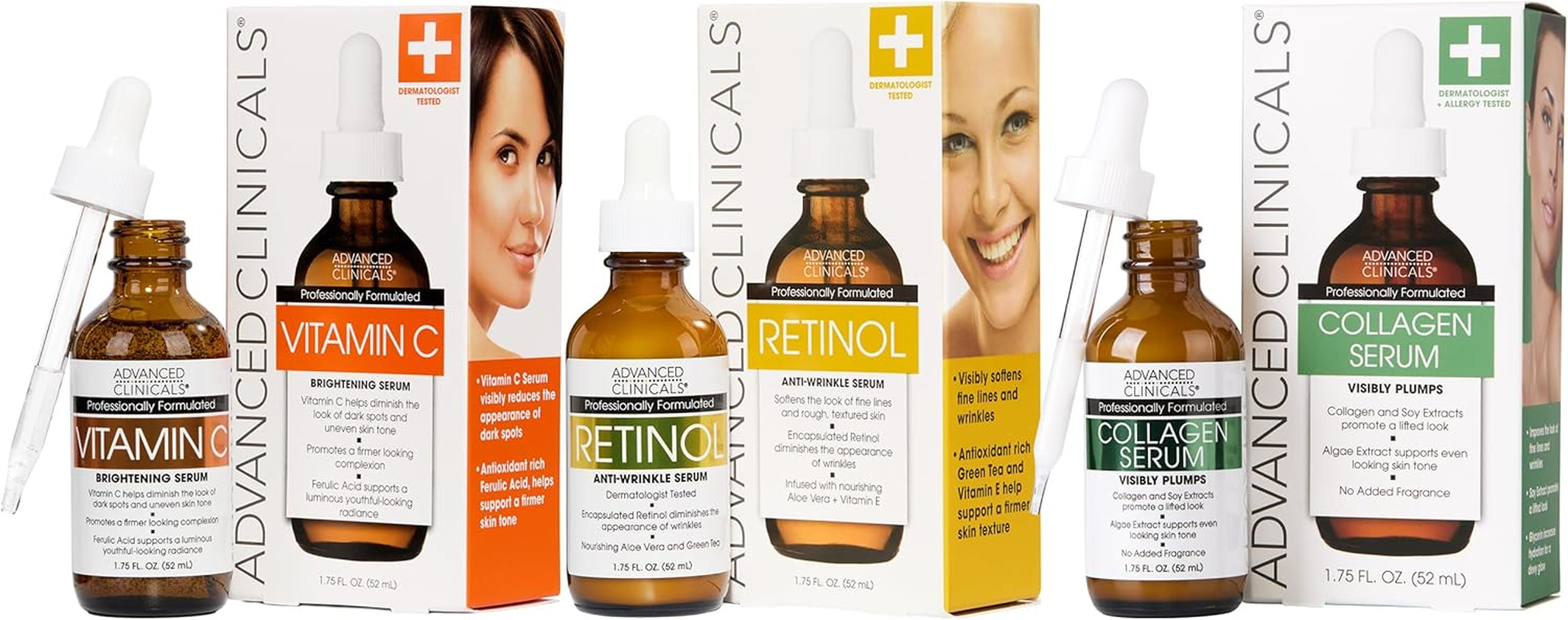 Advanced Clinicals Complete Skin Care Set with Anti-Aging Retinol Serum, Plumping Collagen Serum, and Vitamin C Serum for Wrinkles, Dark Spots, and Uneven Skin Tone. Three Large 1.75Oz Bottles