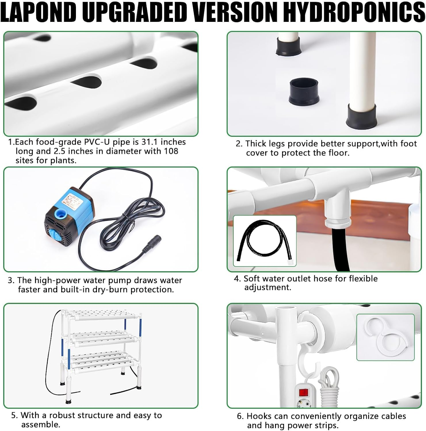 Hydroponics Growing System 108 Plant Sites, 3 Layers 12 Food-Grade PVC-U Pipes Gardening System Grow Kit, Nest Basket and Sponge for Leafy Vegetables,Fruits,Herb image number 2