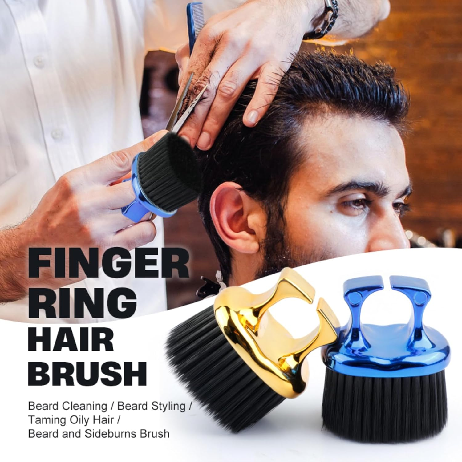 Knuckle Brush for Barbers, Barber Fade Brush Barber Beard Brush Soft Bristles for Men Beauty Salons Home Use (Gold) - Silver image number 5