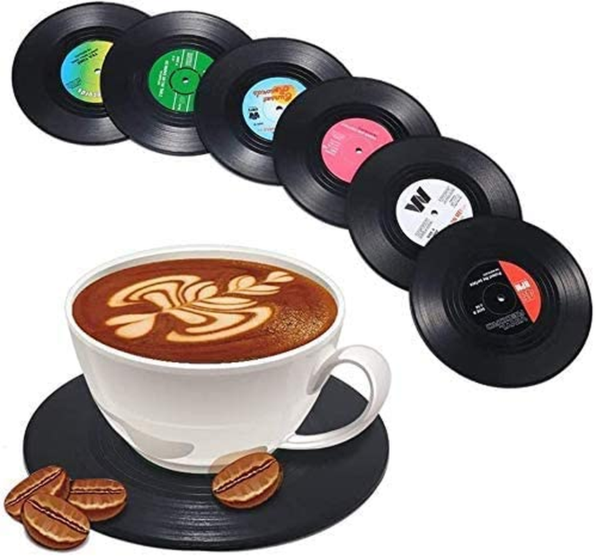 Cute Retro Music Coasters, 6Pcs Vinyl Record Cup Mat Retro Disk Drink Coaster for Music Lovers, Vinyl Record Style Drinking Coasters with Player Holder, 4.3Inch image number 3