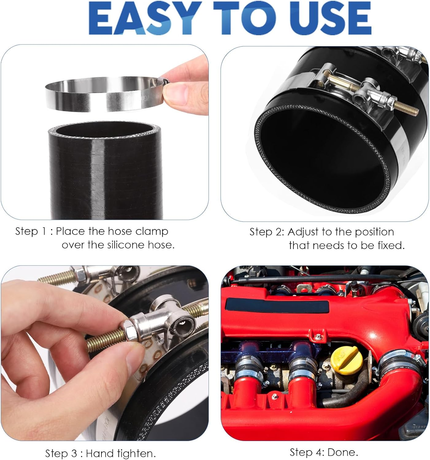 Glarks 7Pcs 90 Degree Elbow Coupler Silicone Hose Set Includes 1Pcs ID 4In 4-Ply High Performance Coupler Silicone Hose 2Pcs 4.2-4.5In T-Bolt Clamp 4Pcs M6 Hex Nut image number 3