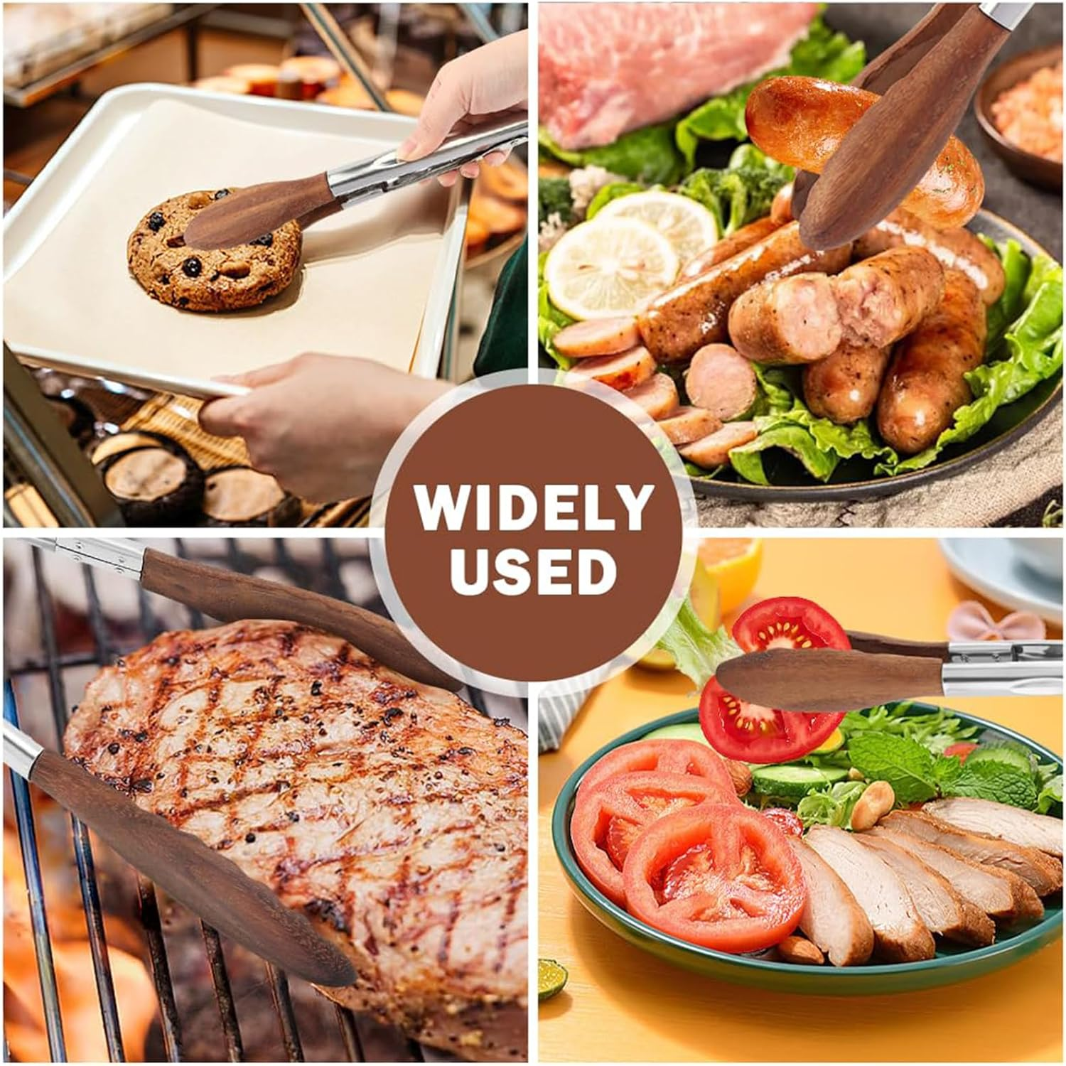 2 Pack Walnut Wooden Kitchen Tongs, 9/12 in Wooden Tongs, High Temperature Resistant and Non-Stick,For Serving Food Grilling BBQ Tossing Salad Flipping Burgers Cookware Tools image number 1