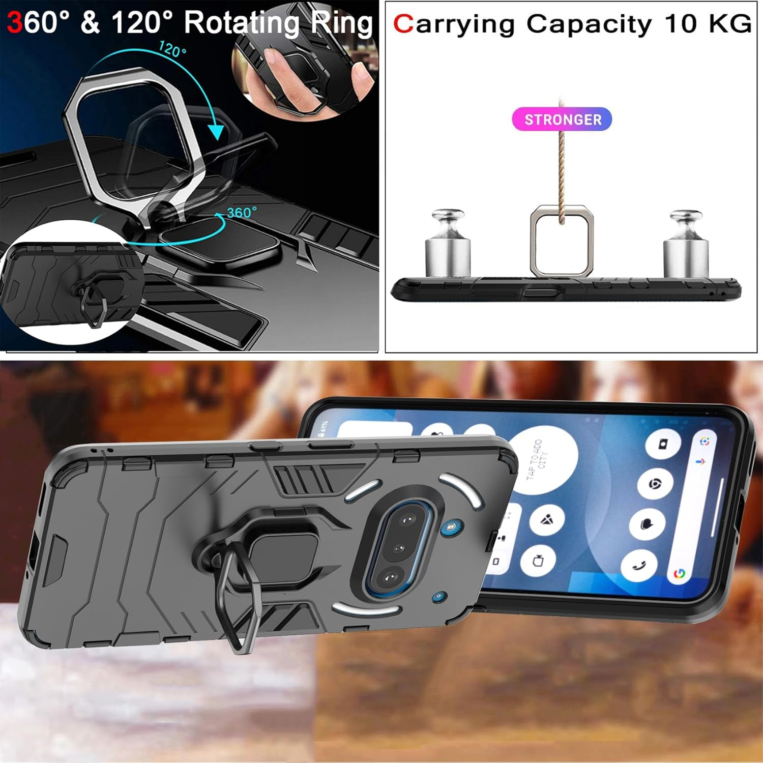 ESTH Compatible with Nothing Phone (3A) Case with 2 Pieces Protective Film [Durable] Ring Stand Case [For Mobile Phone Holder Car Magnet] Military Shockproof Mobile Phone Case, Black image number 6