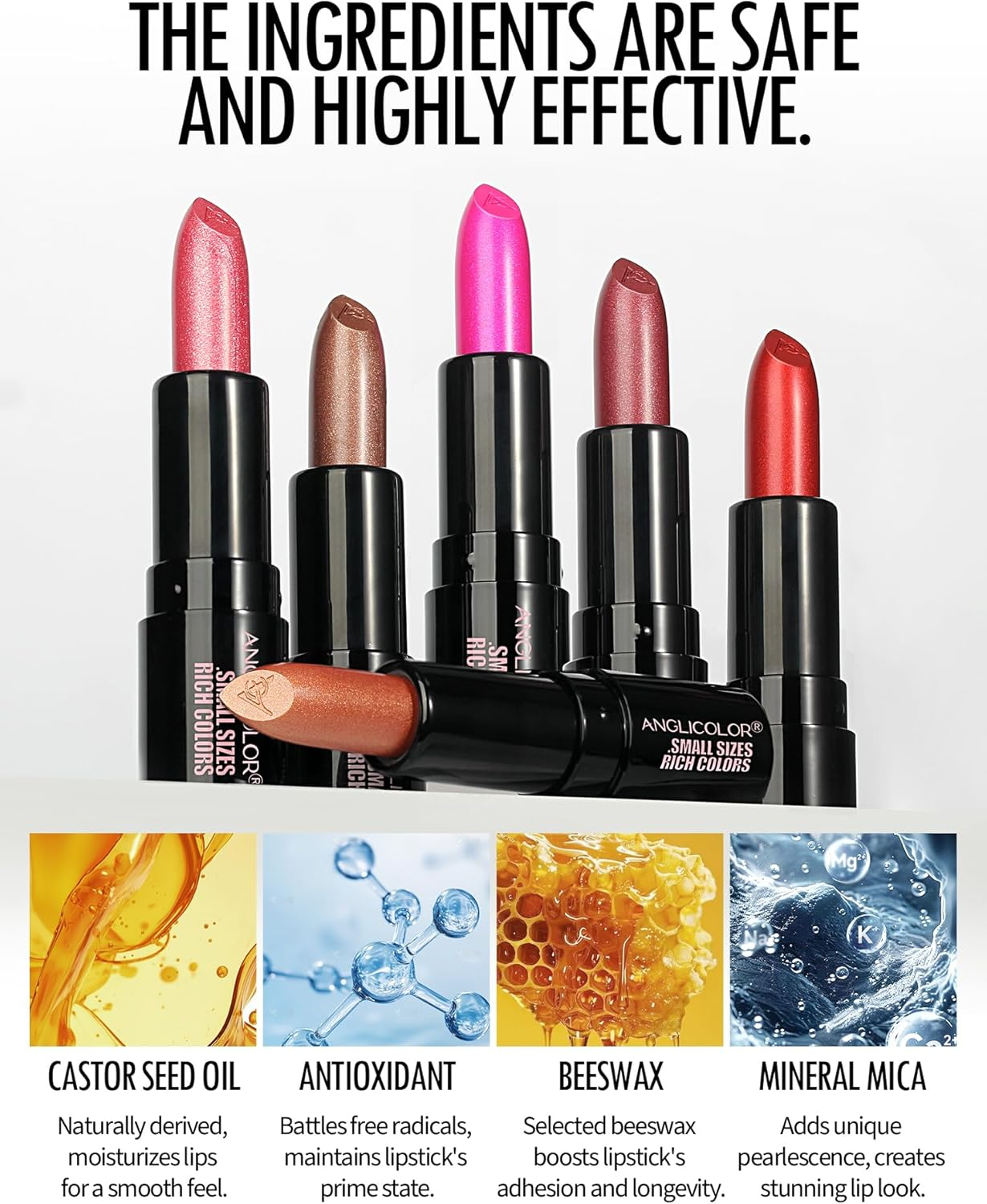 Anglicolor 6-Piece Mini Glitter Lipstick Set,High Pigmented,Lightweight Smooth Moisturizing Formula,Glossy Shine,Travel Size,Metallic Lipstick for Women,Vegan & Cruelty-Free image number 6