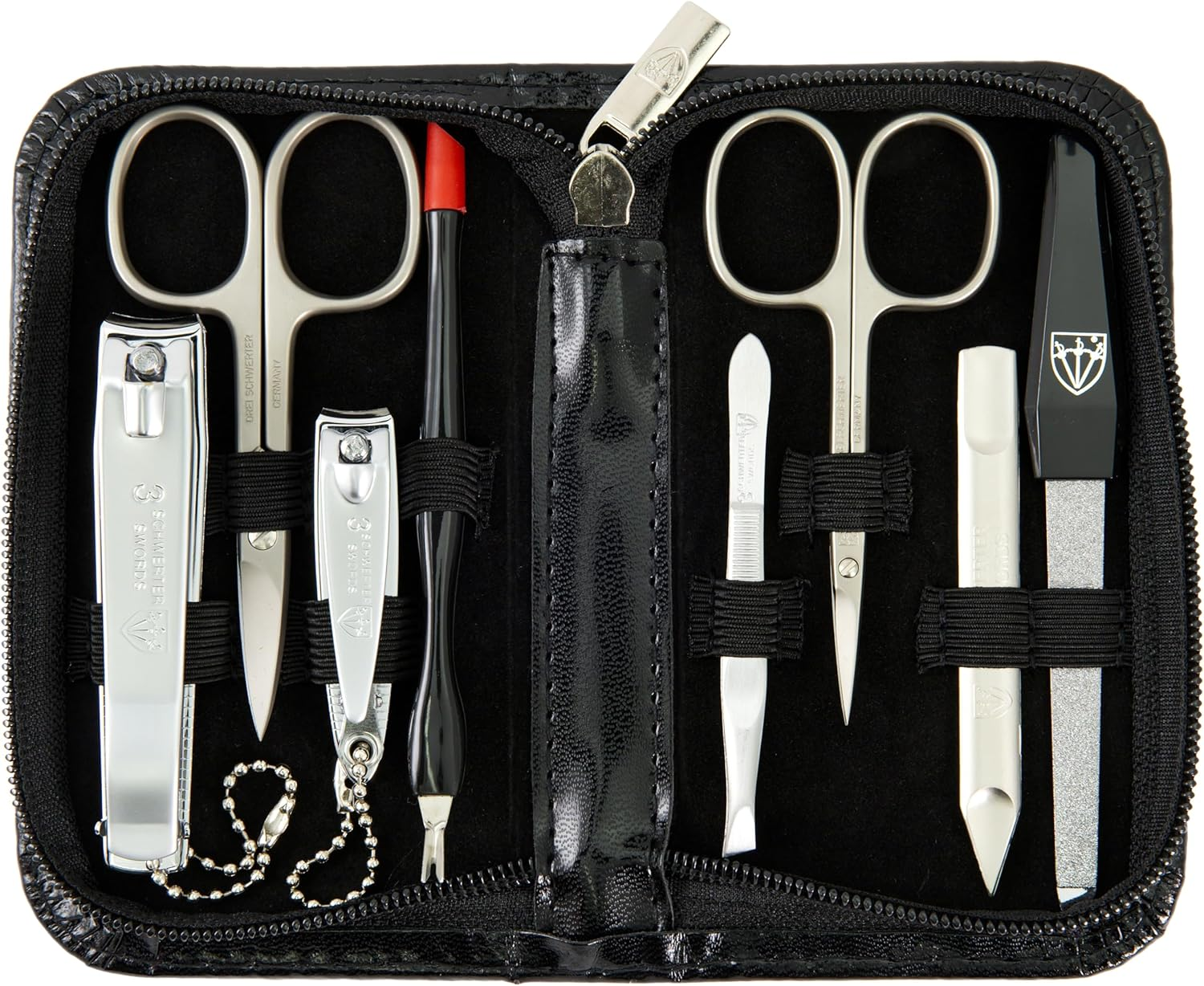 3 Swords Germany - Brand Quality 8 Piece Manicure Pedicure Grooming Kit Set for Professional Finger & Toe Nail Care Scissors Clipper Fashion Leather Case in Gift Box, Made in Solingen Germany (Werhe Black