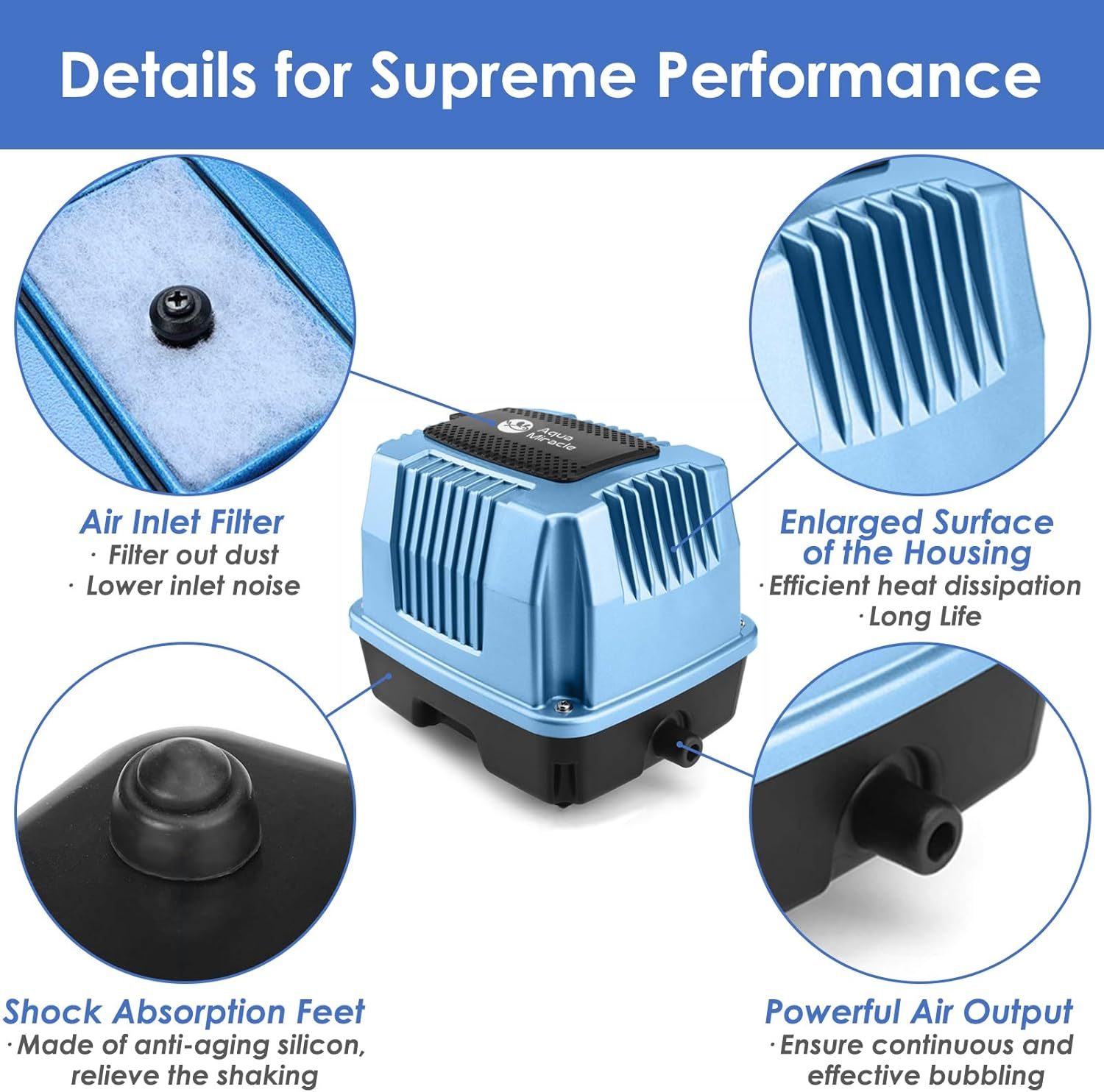 Aquamiracle Super Powerful Linear Air Pump AP-40/AP-60/AP-80 Pond Aerator, Septic Air Pump, Hydroponic Air Pump, Koi Pond Air Pump 635/950/1350GPH, for Waste Treatment, Fish Farm, Seafood Restaurant image number 5