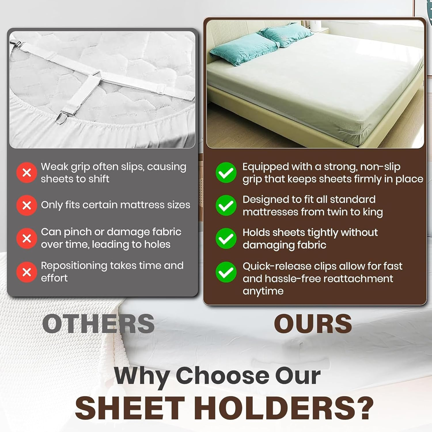 No-Slip Bed Sheet Holders (4Pcs) &ndash; Grey Fitted Sheet Straps with Secure Lock Strip &ndash; Keep Sheets Tight & Neat, Universal Fit for All Mattress Sizes &ndash; Quick & Easy Setup image number 4