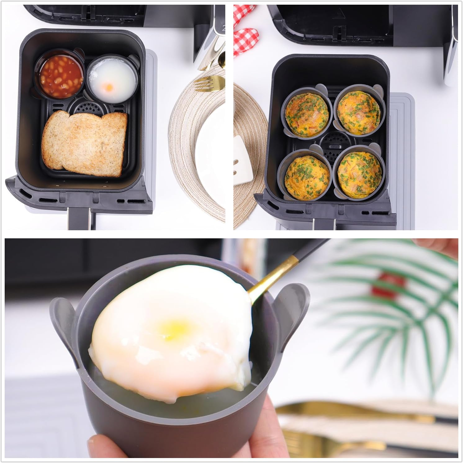 Coehaopike 4 Pcs Ramekins for Air Fryer, Silicone Air Fryer Egg Moulds, Non Stick Egg Poachers, Poached Egg Cup, Baking Cups, Large Muffin Cases for Air Fryer, Kitchen Gadget, Air Fryer Accessories (Grey)